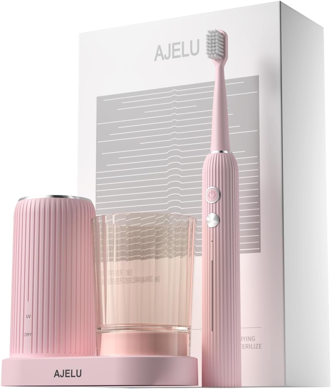 AJELU Electric Toothbrush Set for Women with UV Light Drying Holder, 8 Brush Heads, Smart Timer, USB Rechargeable – Soft Pink Edition
