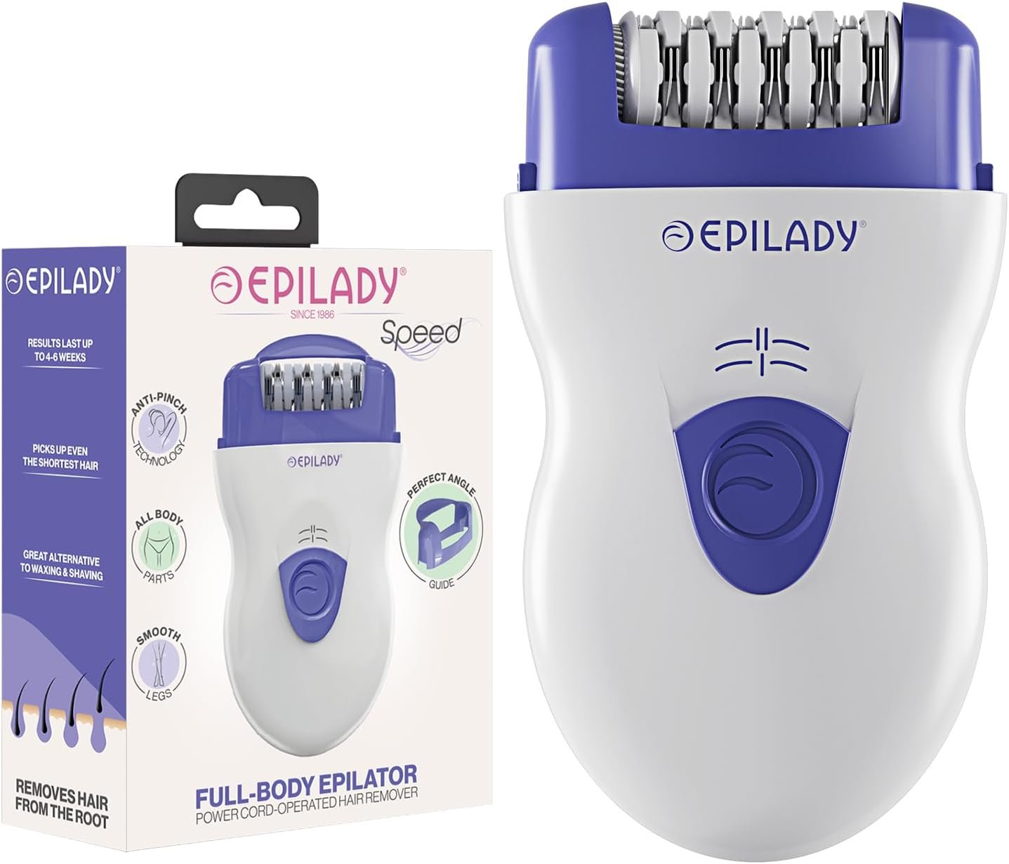 Epilady Speed Purple Corded Epilator for Women, Root Hair Removal, 2 Speeds | Hair Removal Device, 4-6 Week Smoothness, Catches 2-5 mm Regrowth, For Legs & Face, Hair Remover for Women