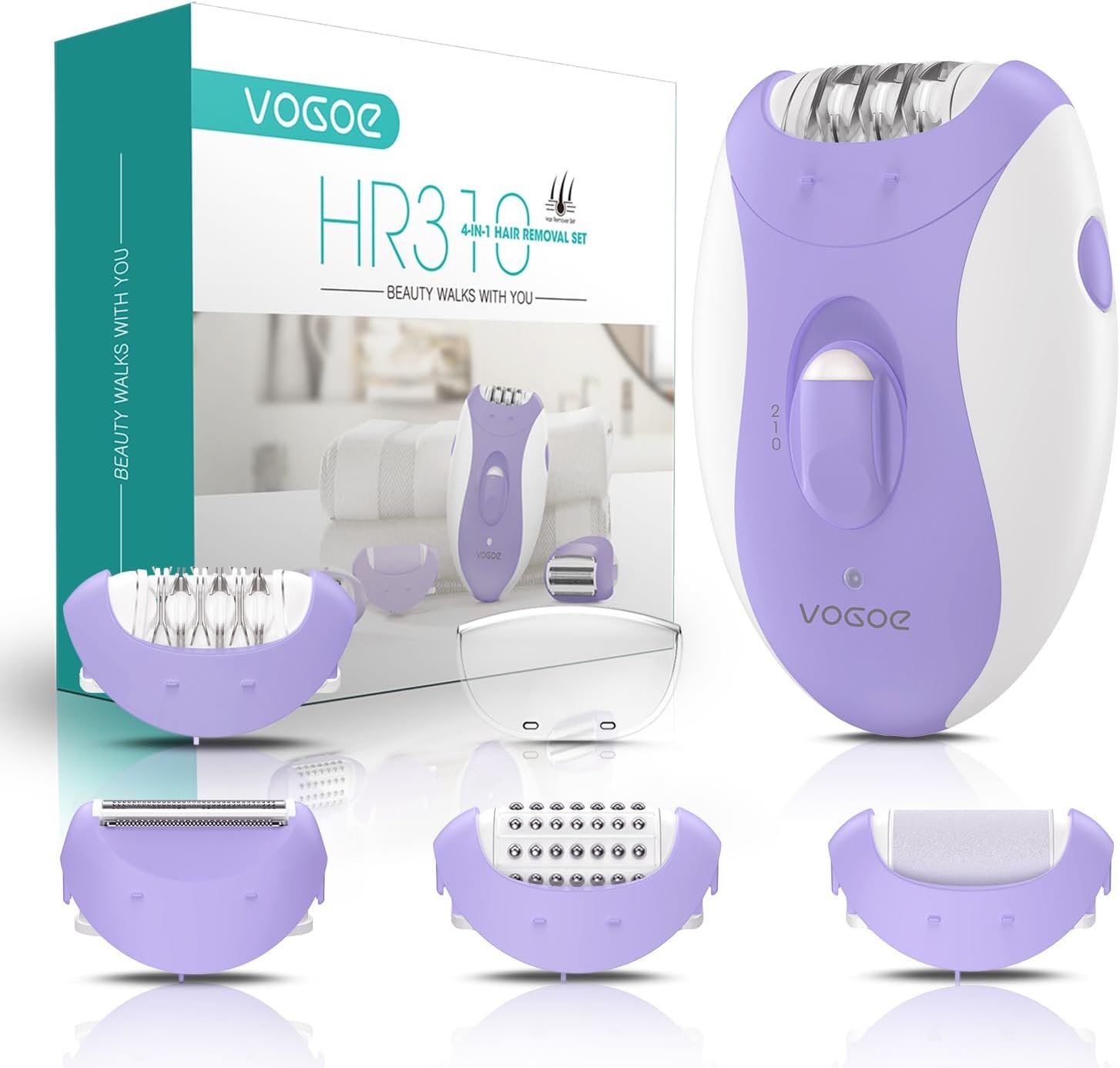 VOGOE Epilator for Women-Cordless Epilators Hair Removal for Women, 4-in-1 Electric Razor Hair Remover, 2 Speeds & 21 Tweezers for Face Legs Arms Armpit Bikini, Purple HR310 | 4-in-1 Electric Razor Hair Remover, 21 Tweezers, Rechargeable & 2 Speeds for Legs Arms Face Armpit Bikini, Purple