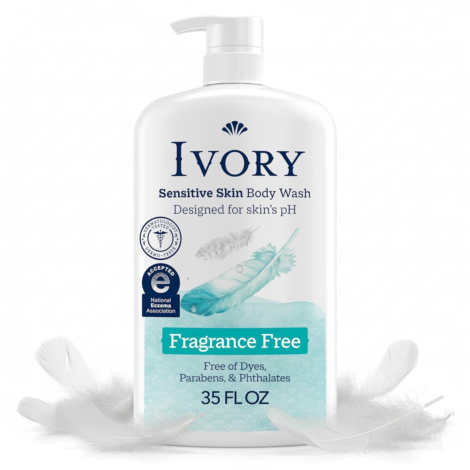 Ivory Sensitive Body Wash, Fragrance-Free, Designed for the Whole Family, Gentle Formula, Free of Dyes Heavy Perfumes Parabens Phthalates & Silicones, Designed for Skin’s pH, 35 oz