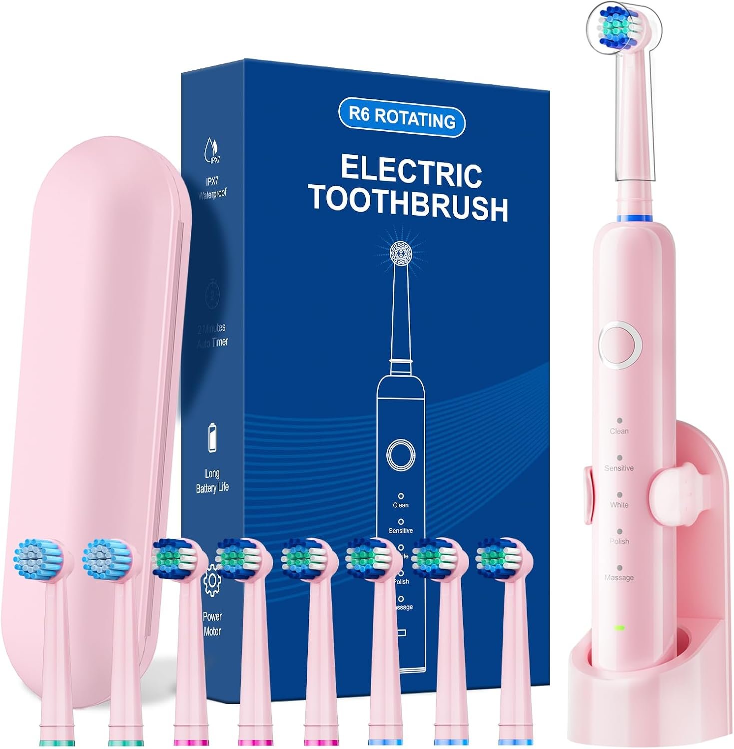 Rotating Electric Toothbrush for Adults, 8 Brush Heads (2 Types) & Travel Case, 5 Cleaning Modes Rechargeable Power Toothbrush with 2-Minute Smart Timer, Pink