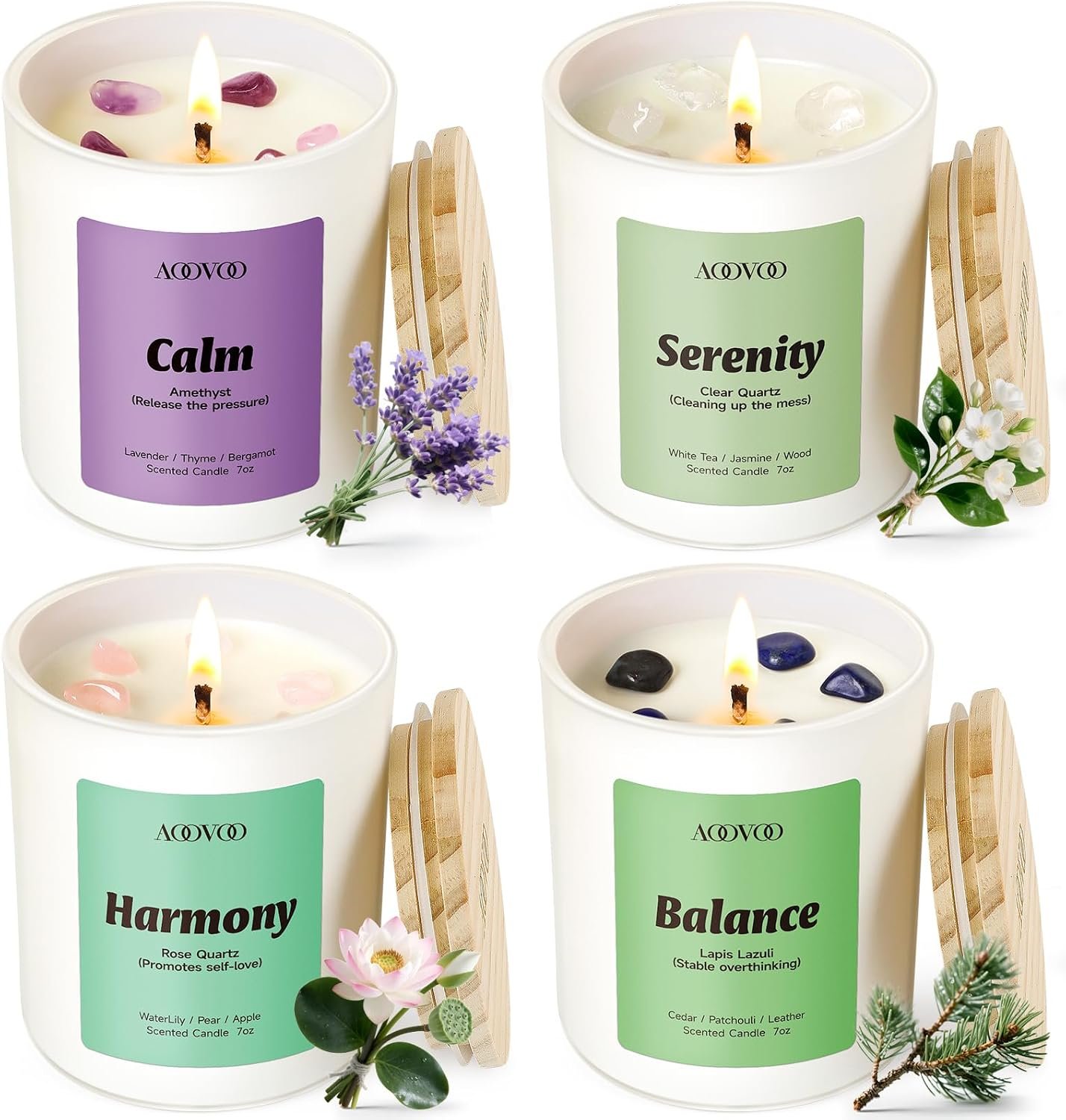 AOOVOO Calm Candles Set for Women – 4 Pack Soy Candles for Home Scented | 28 oz Soy Wax, Aromatherapy Candle with Crystals, Amethyst Calm/Clear Quartz Serenity/Rose Quartz Harmony/Lapis Lazuli Balanc