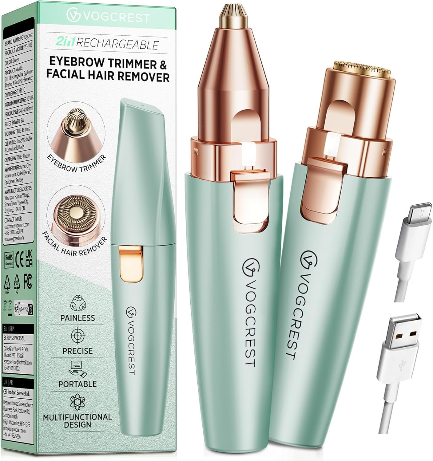 VG VOGCREST Eyebrow Facial Trimmer: 2 in1 Rechargeable Facial Hair Removal and Eyebrow Shaver – Face Lips Body Painless Facial Razor with Built-in LED Light (Pastel Green)