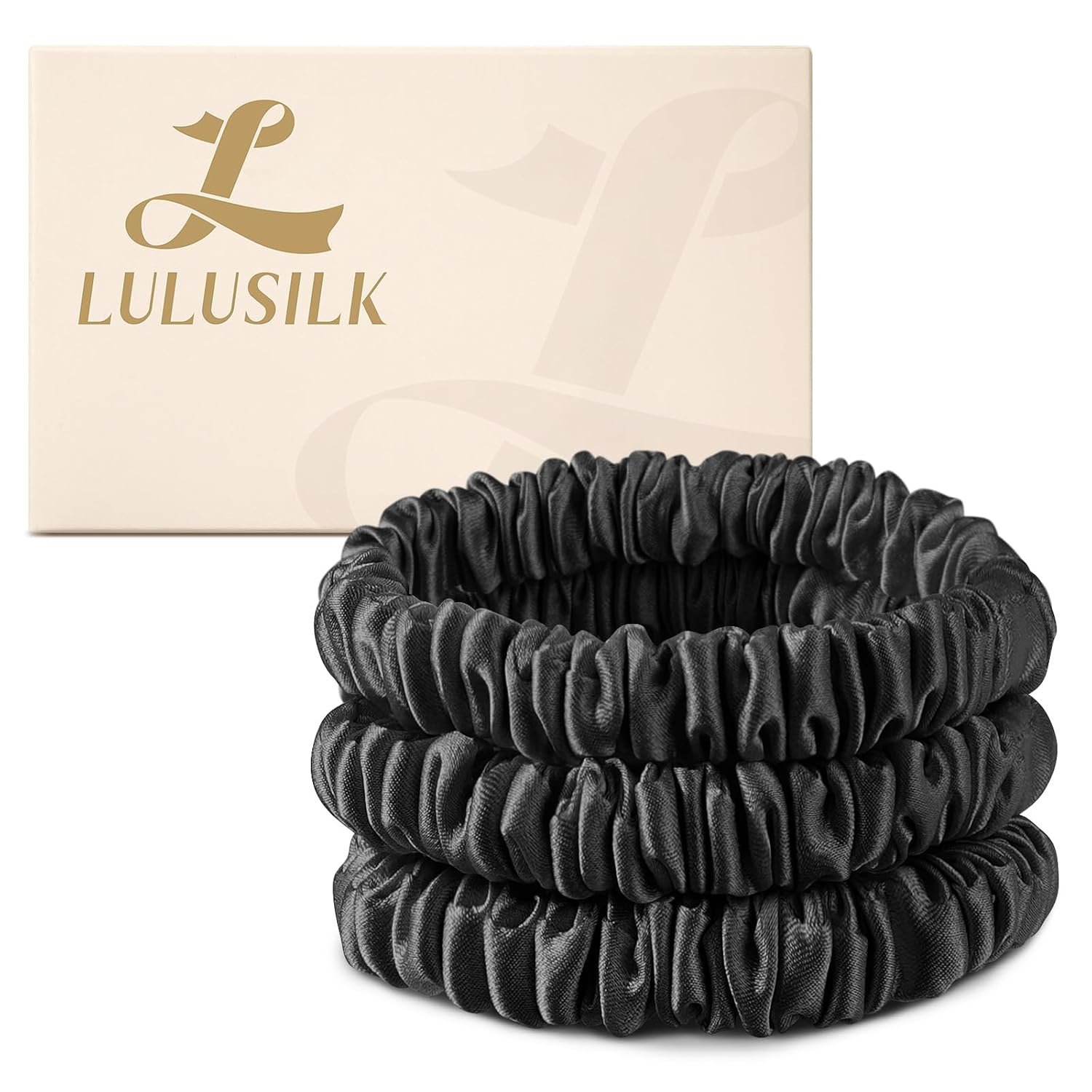 LULUSILK Small Silk Hair Ties No Damage, 100% Real Mulberry Silk, Skinny Scrunchies Ponytail Holders for Thin Fine Hair, Black, Pack of 3