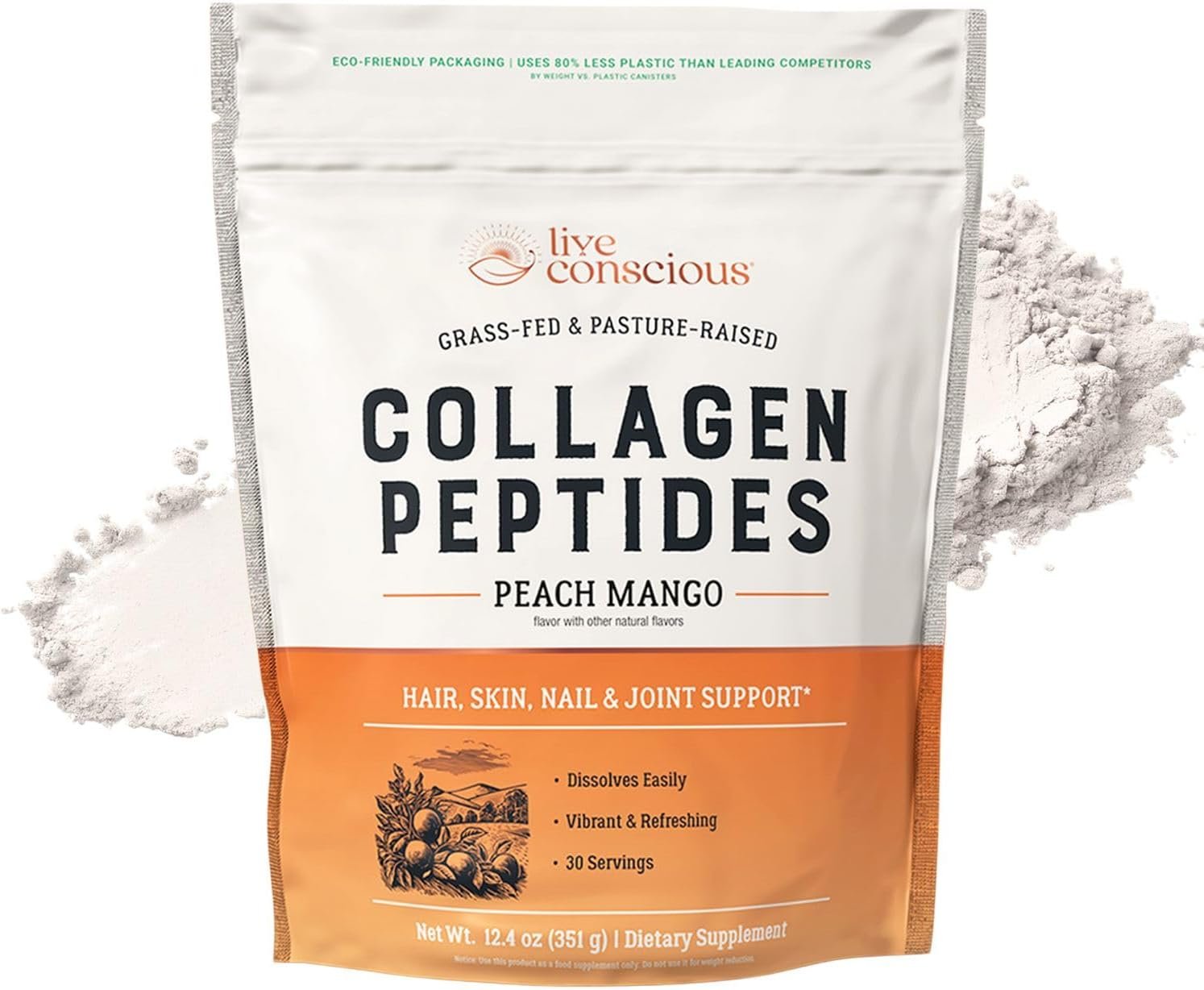 Live Conscious Collagen Peptides Powder – Peach Mango Flavored Collagen Powder – Hair, Skin, Nail, & Joint Support – Type I & III Grass-Fed Collagen Supplements for Women and Men – 30 Servings – 13oz