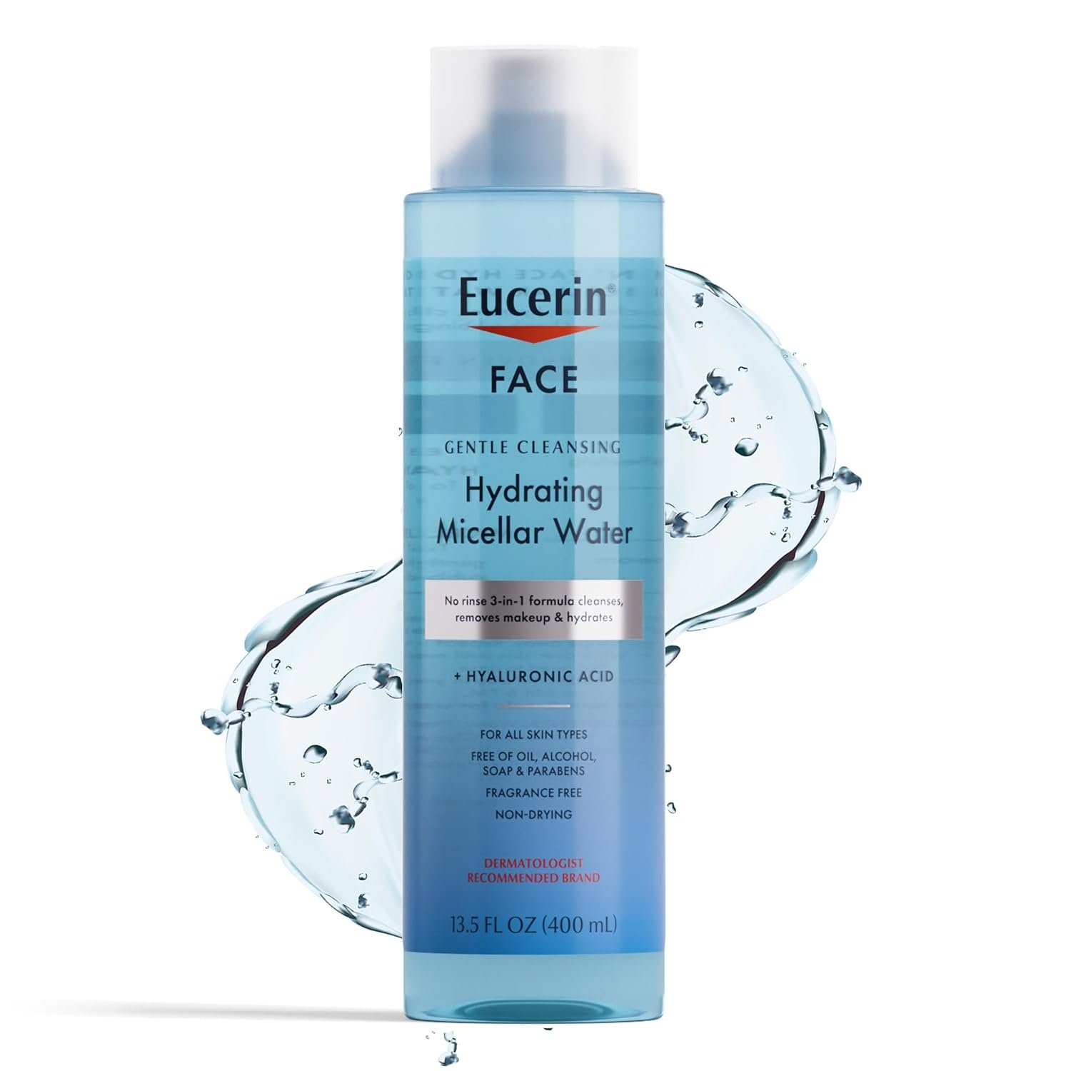 Eucerin Face Gentle Cleansing Hydrating Micellar Water, 13.5 FL OZ | Skin Cleansing Micellar Water with Hyaluronic Acid, Face Cleanser, Makeup Remover, All Skin Types, Fragrance Free, Non-Drying