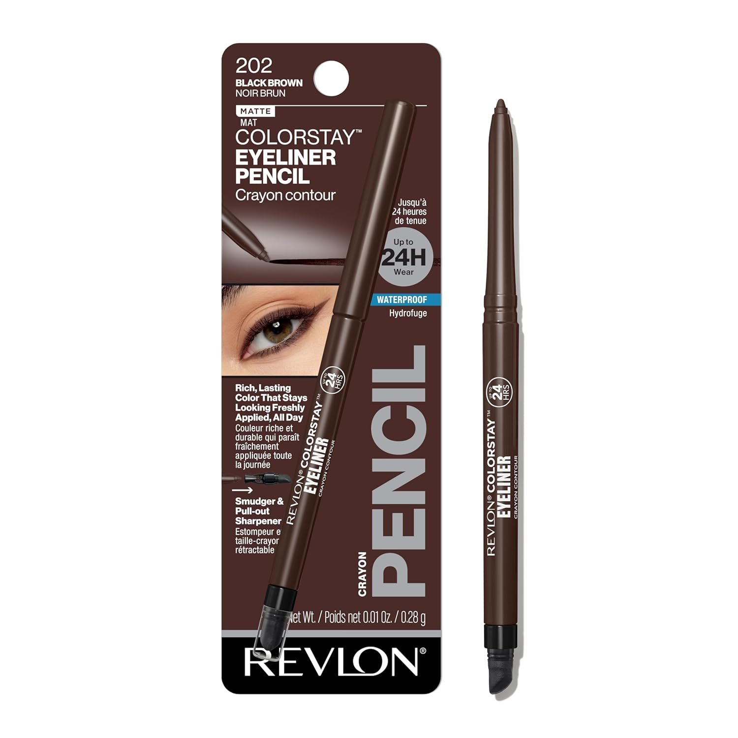 Revlon ColorStay Pencil Waterproof Eyeliner, 202 Black Brown, 0.01 oz | Waterproof pencil eyeliner with built-in sharpener. Smudge-proof, long-lasting, intense matte color.