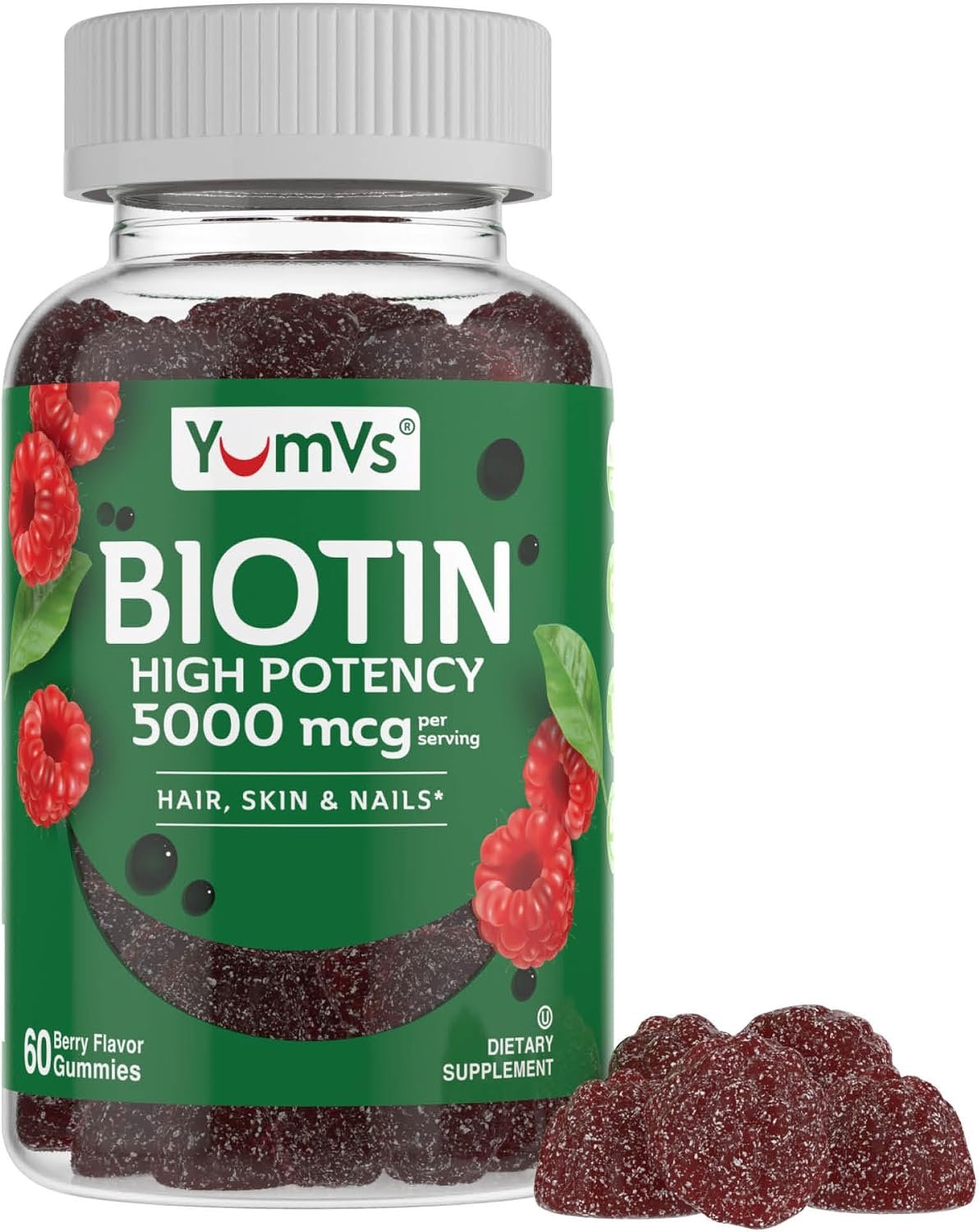 YumVs Biotin Gummies 5000mcg – Luscious Raspberry Flavor – Thicker Faster Hair Growth Gummies for Women or Men – Hair, Skin & Nails Vitamins – Hair Gummies – Vegetarian Biotin Supplement (60 Count)