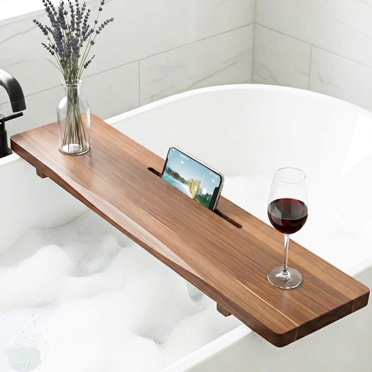Acacia Wood Bathtub Tray Caddy, 35″ L Adjustable for Freestanding Tub | 1.2″ Thickness, Luxury Spa Bathroom Organizer Table, Bath Tub Accessories for Women, Housewarming Birthday Gifts