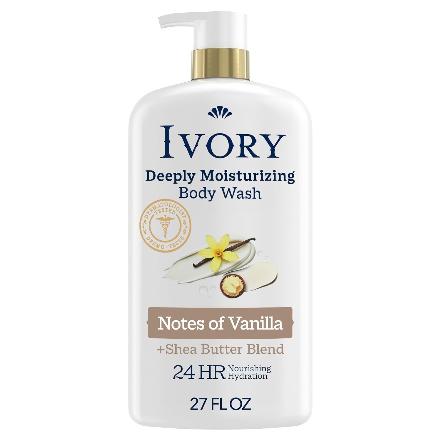 Ivory Body Wash, Deeply Moisturizing, 24hr Nourishing Hydration, Soothes Itchy Dry Skin, Made with Shea Butter Blend, Free of Dyes Heavy Perfumes Parabens & Phthalates, Vanilla Scent, 27 oz
