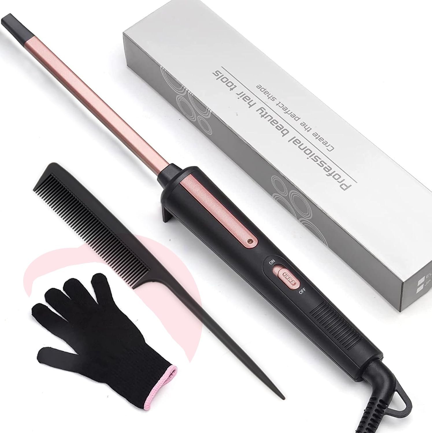 Thin Curling Iron, 3/8 Inch Small Curling Iron Wand for Short & Long Hair, Square Tube Ceramic Mini Curling Barrel Rapid Heating for Tight Curls, Include Glove