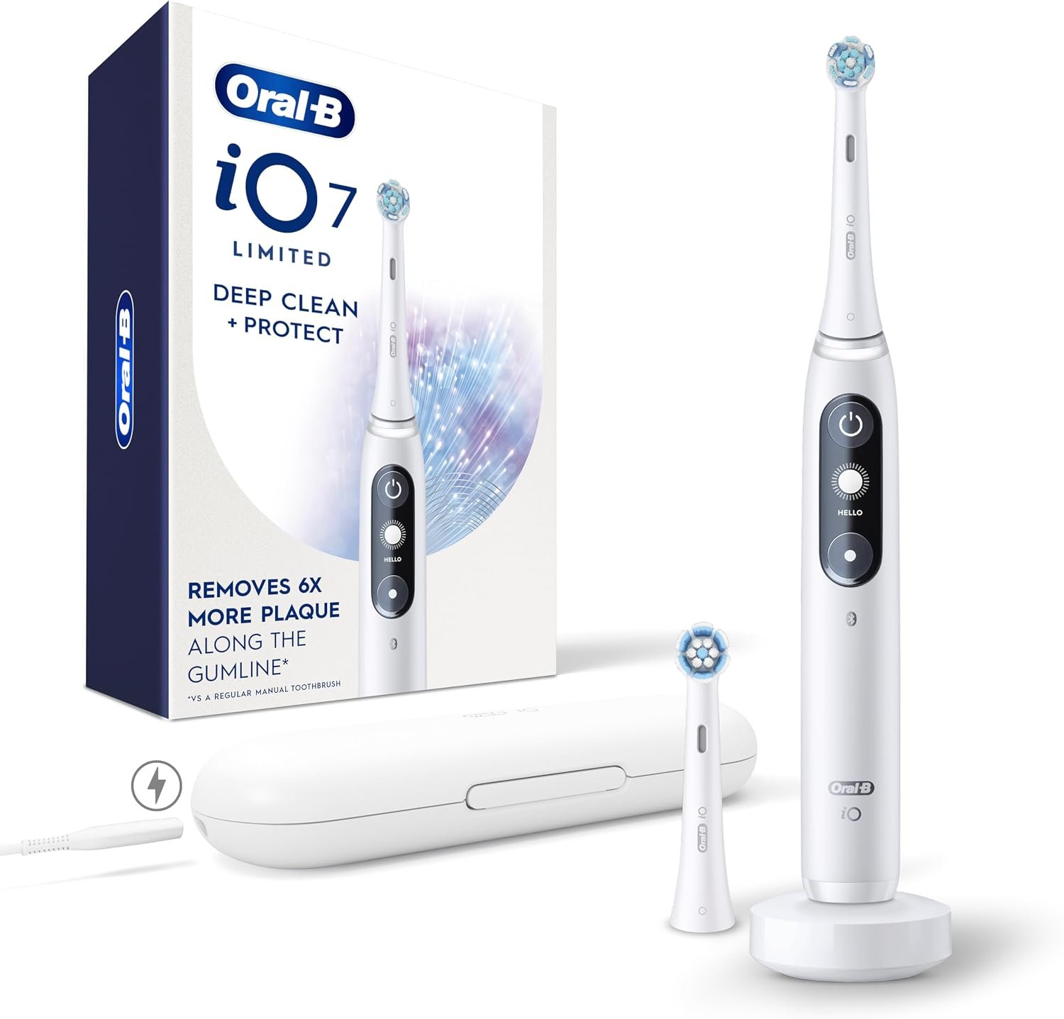 Oral-B Rechargeable Electric Toothbrush, iO7 Limited Deep Clean + Protect, 5 Cleaning Modes, Interactive Display, Visible Pressure Sensor, 2 Brush Heads, Charging Travel Case, White