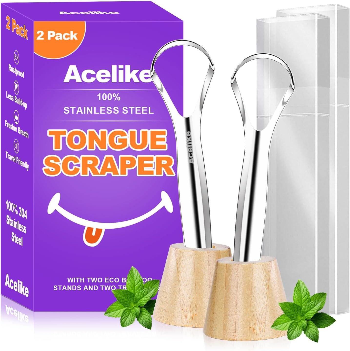 Tongue Scraper for Adults (2 Pack), 2 Bamboo Holder and 2 Travel Case, 100% Stainless Steel Tongue Scraper, Reducing Bad Breath, Tongue Cleaner for Oral Care & Hygiene, Home and Travel Use