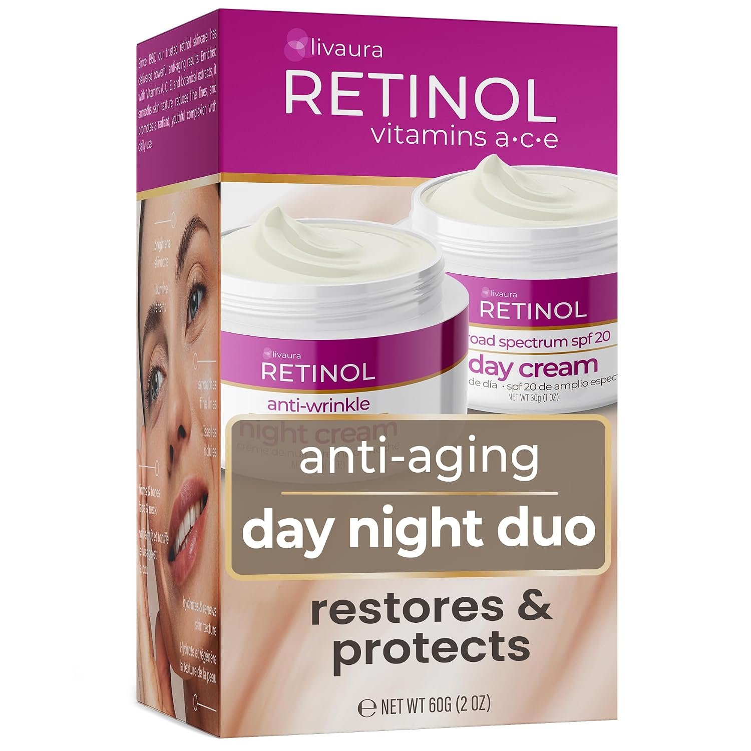 LIVAURA Retinol Day and Night Cream for Women – Anti-Aging Wrinkle Set | Vitamin-enriched day and night cream duo that hydrates and smooths wrinkles around the clock – 24-hour anti-aging set