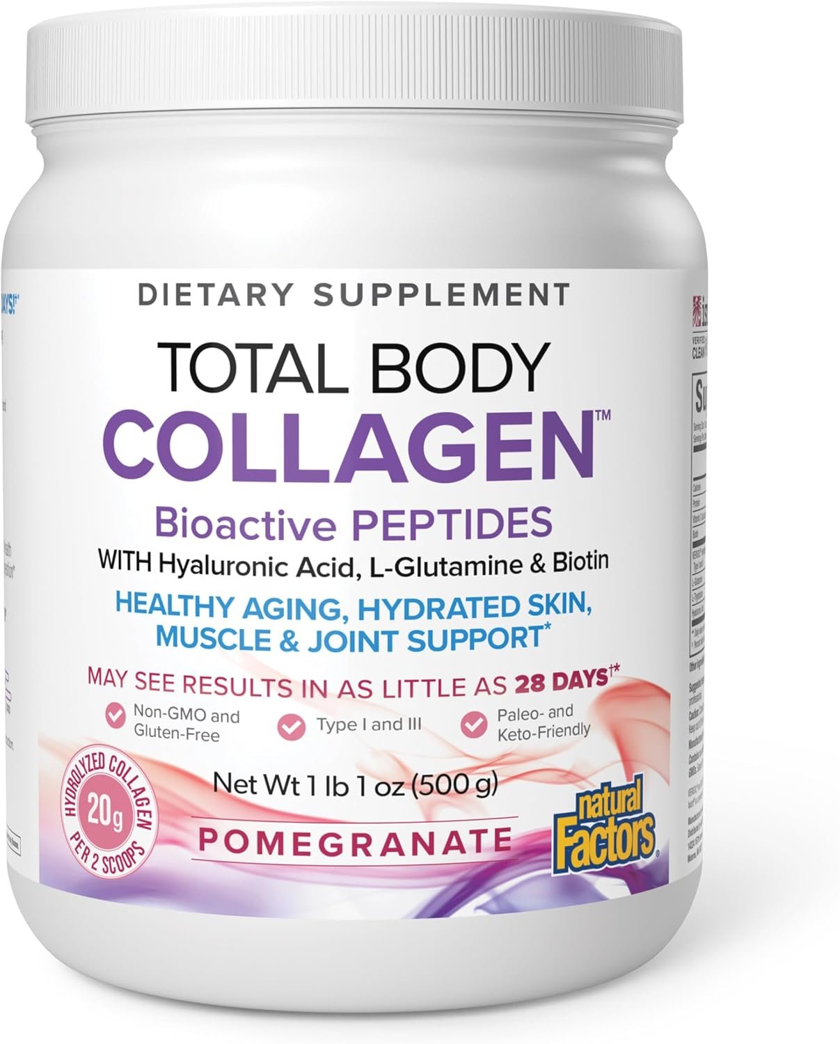 Natural Factors Total Body Collagen – Bioactive Collagen Supplement for Hair & Nail Growth Support – Healthy Skin Supplement with Protein, Vitamin C & More – Pomegranate, 500 g (38 Servings)