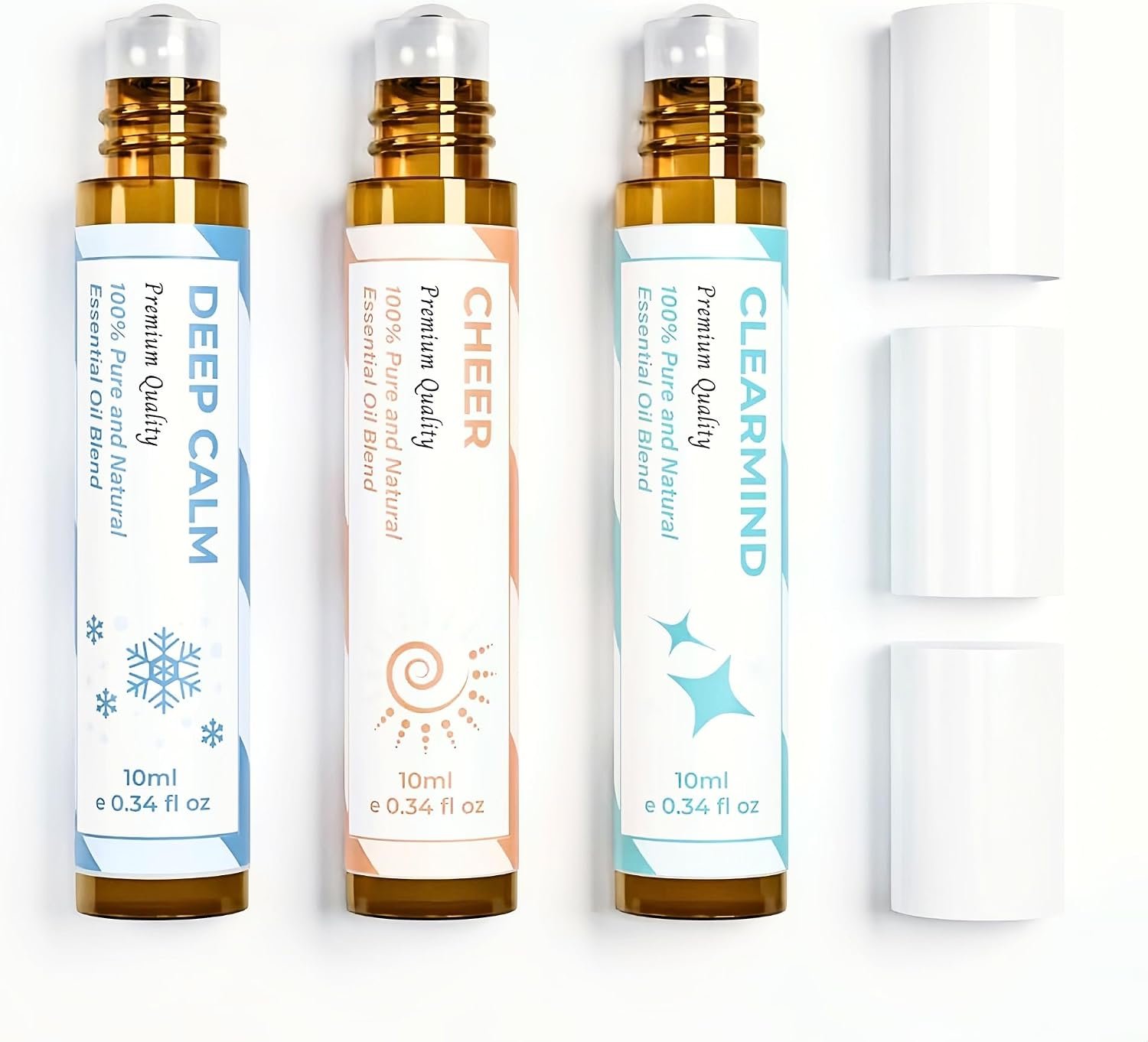 Essential Oil Set (Deep Calm, Cheer, ClearMind), Aromatherapy Roll On Blends for Massage, Body Care & Home Use, Great Fragrance Roller Gift for Men & Women