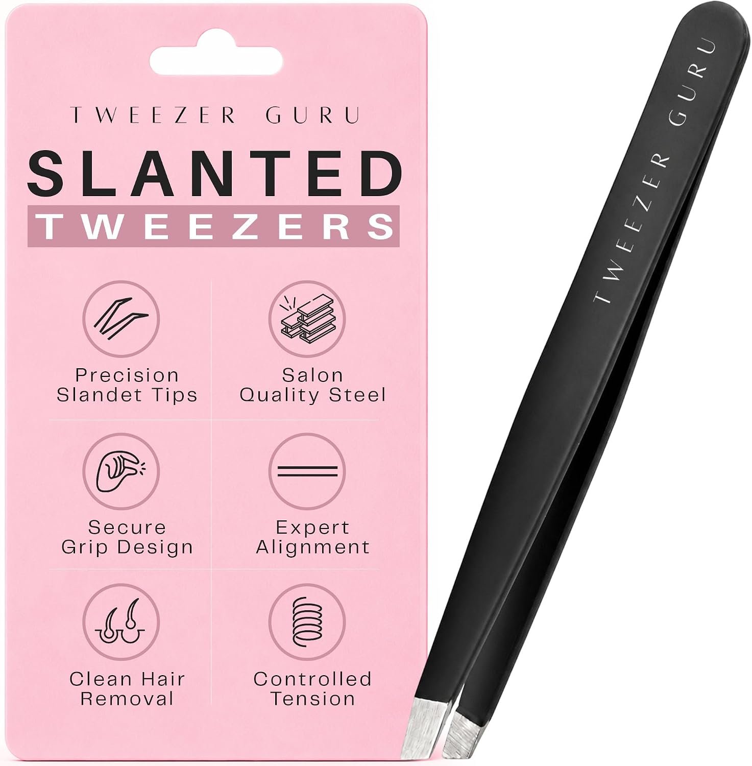 Tweezer Guru Tweezers for Women Facial Hair & Men – Precision Slant-Pointed Eyebrow Tweezer for Ingrown Hair, Blackhead & Splinter Removal (Black)