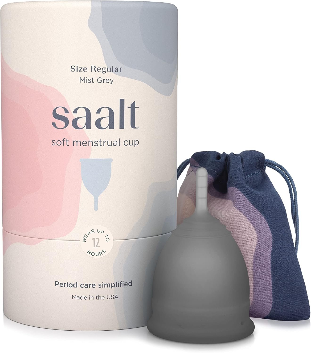 Saalt Soft Menstrual Cup, Reusable Period Cup with Carry Bag | Comfortable Reusable Menstrual Cup with Leak-Free Protection Up to 12 Hours, BPA and Latex Free, Regular, Grey