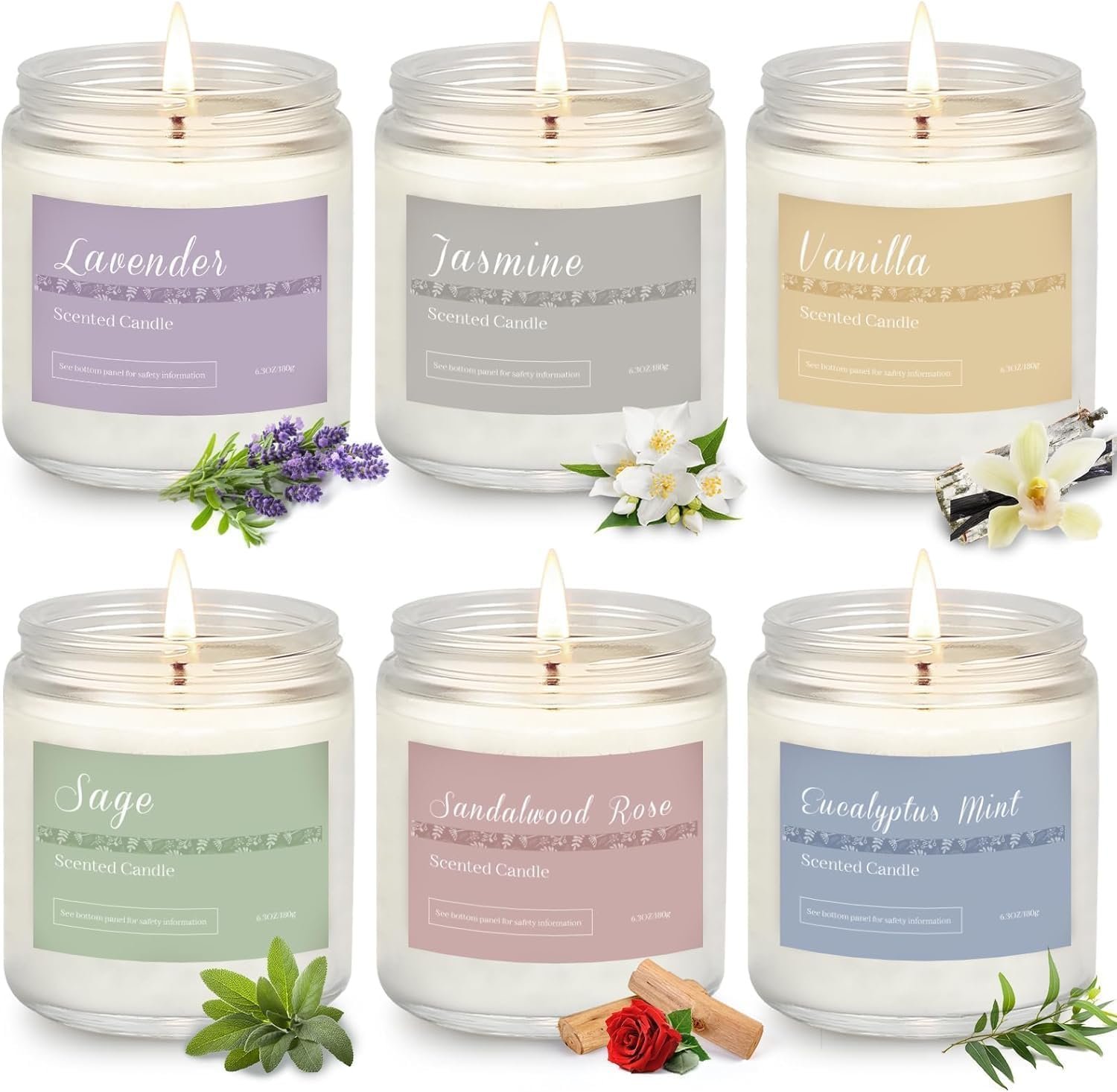 Scented Candles Gift Set for Women, 6-Pack Aromatherapy Candles for Home | Lavender, Jasmine, Vanilla, Sage, Sandalwood Rose & Eucalyptus Mint. 42 oz & 300 Hour Burn for Home, Baths, Yoga & Self-Care