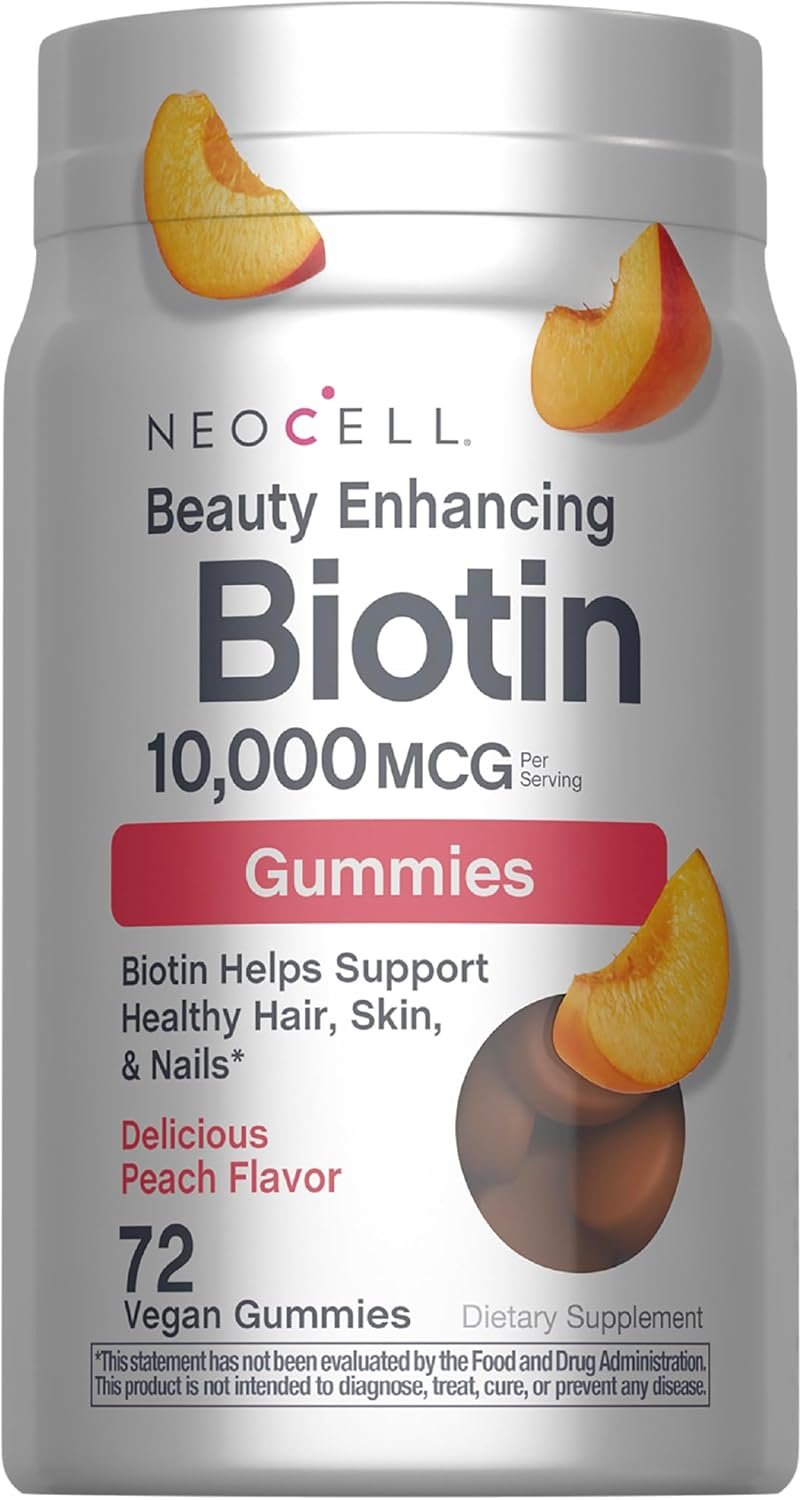 NeoCell biotin 10000mcg Gummies | 72 Count | Beauty Enhancing Supplement | Hair, Skin, and Nails | Peach Flavor