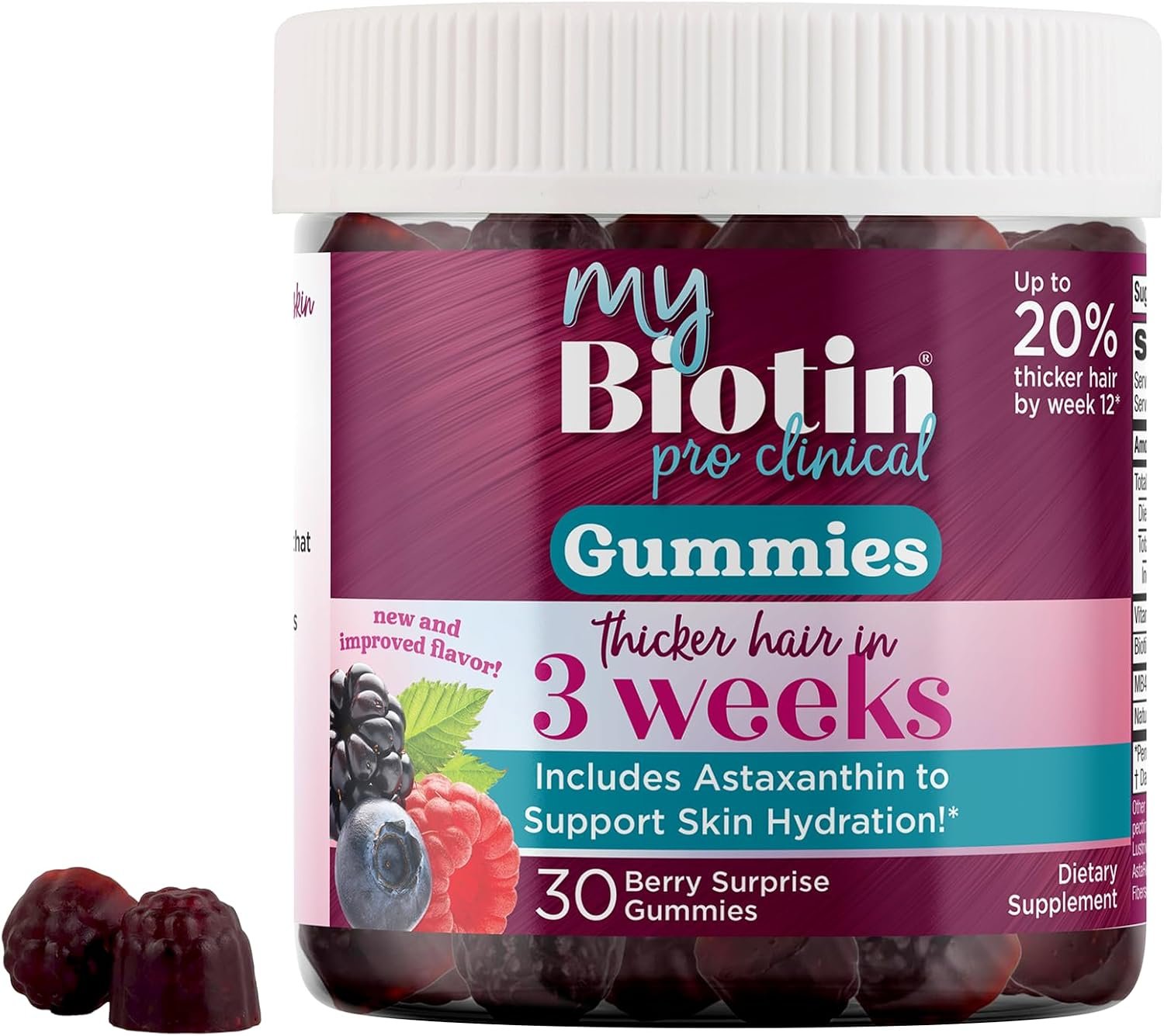 Purity Products – MyBiotin ProClinical Gummies – Thicker Hair in 3 Weeks & Fights Wrinkles – MB40X Biotin Matrix w/Astaxanthin – 40X More Soluble vs Ordinary Biotin, 30 Berry Gummy Chews