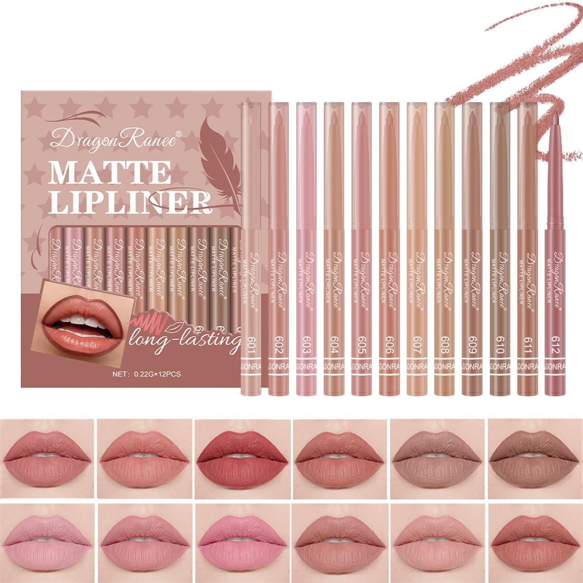 Baorder 12PCS Pink Creamy Matte Lip Liner Pencil Set for Women | Waterproof Long Lasting Color Lipstick,Soft Pink,Lip Filler Liner,Perfect Pout Gel Makeup Kit