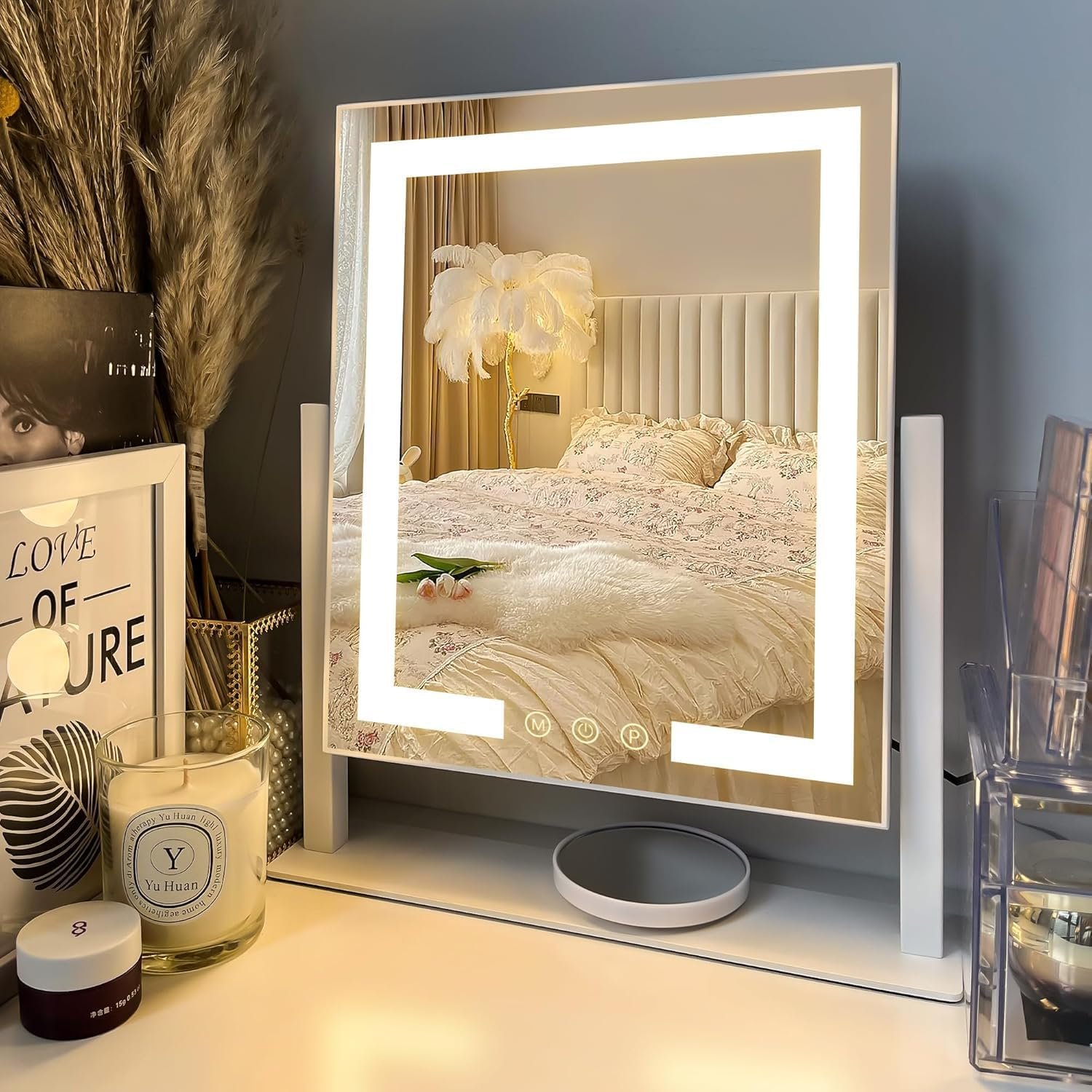Makeup Mirror with Lights, Vanity Mirror with 3 Lighting Modes, Light Up Mirror, Touch Sensor, AC-Powered, 360 Rotatable, Metal Frame, with Detachable 3.5″ 15X Spot Mirro, Gift for Women
