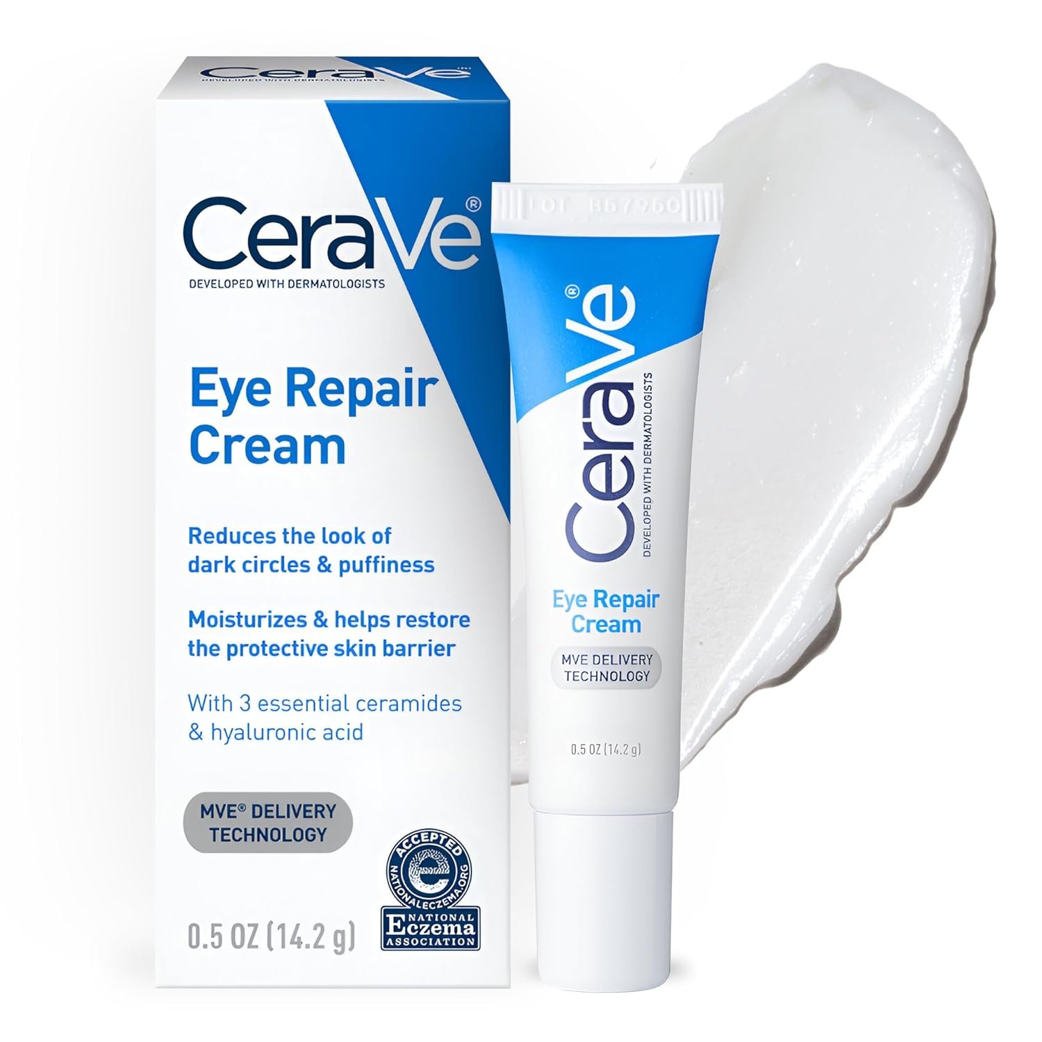 CeraVe Eye Repair Cream, Under Eye Cream for Puffiness and Bags, 0.5oz | Skin Care, Eye Cream, Hyaluronic Acid, Niacinamide, Marine Botanical Complex, Oil Free, Ophthalmologist Tested, Daily Use