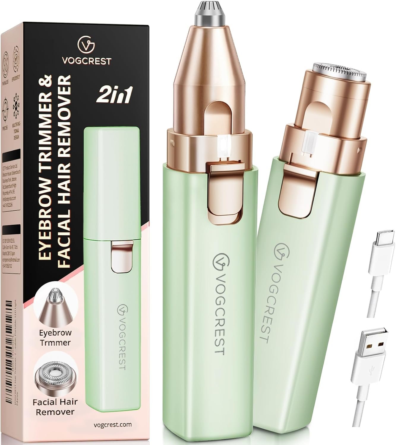 VOGCREST Hair Trimmer, 2 in 1 Facial Hair Remover & Eyebrow Trimmer for Women – Rechargeable, Portable, LED Light