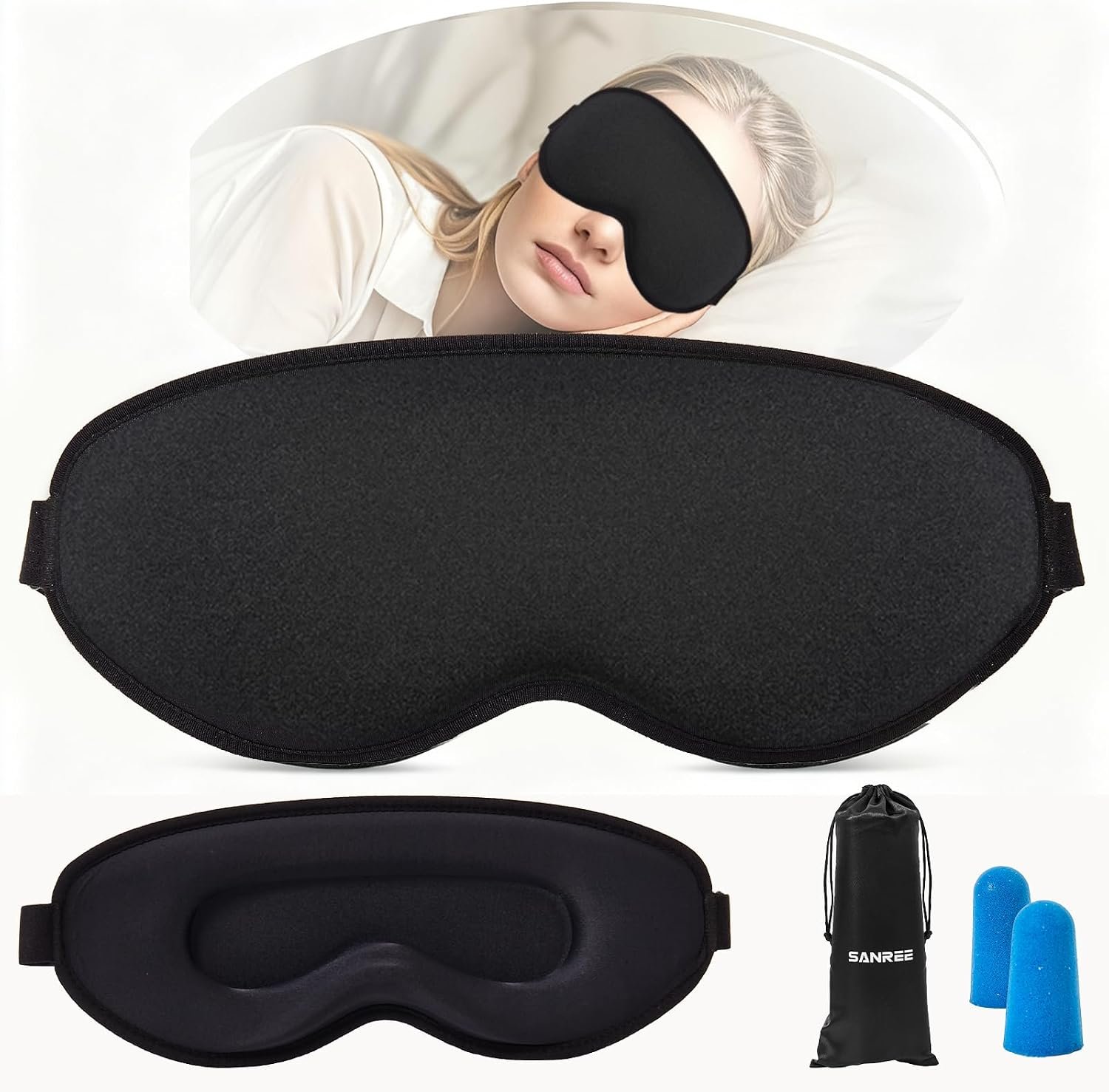 Sleep Mask for Side Sleeper Women Men,Blackout Eye Masks for Sleep | 3D Contoured Sleeping Mask,Breathable Adjustable Eye Cover Blindfold for Lash Extensions,Travel Nap Night Shift,Black