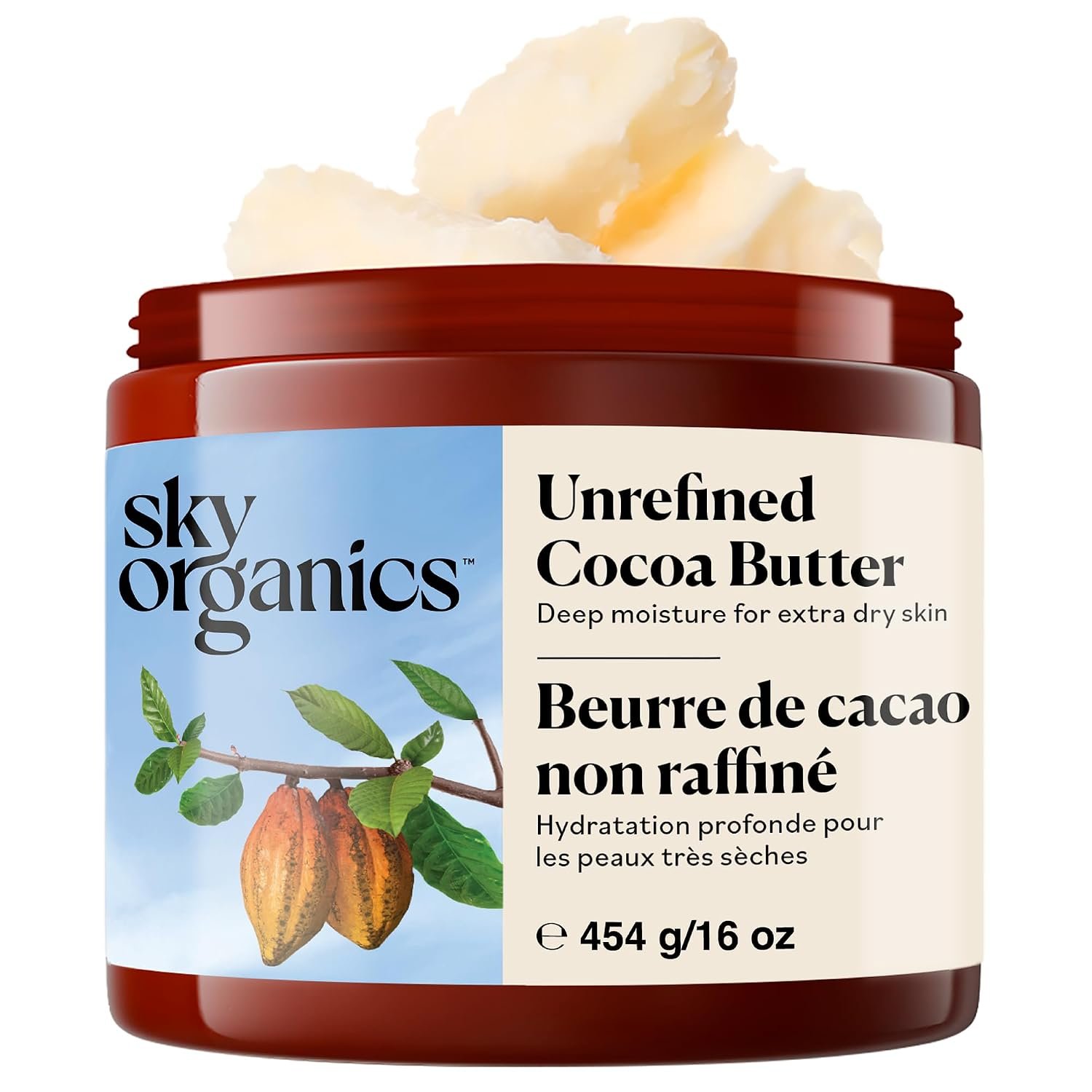 Sky Organics Raw Cocoa Butter 16oz, 100% Pure & Unrefined Solid Body Butter | Deeply Hydrates & Conditions Skin. Promotes Smooth Tone & Texture. For Tight, Dry or Extra Dry Skin. Vegan & Cruelty Free.