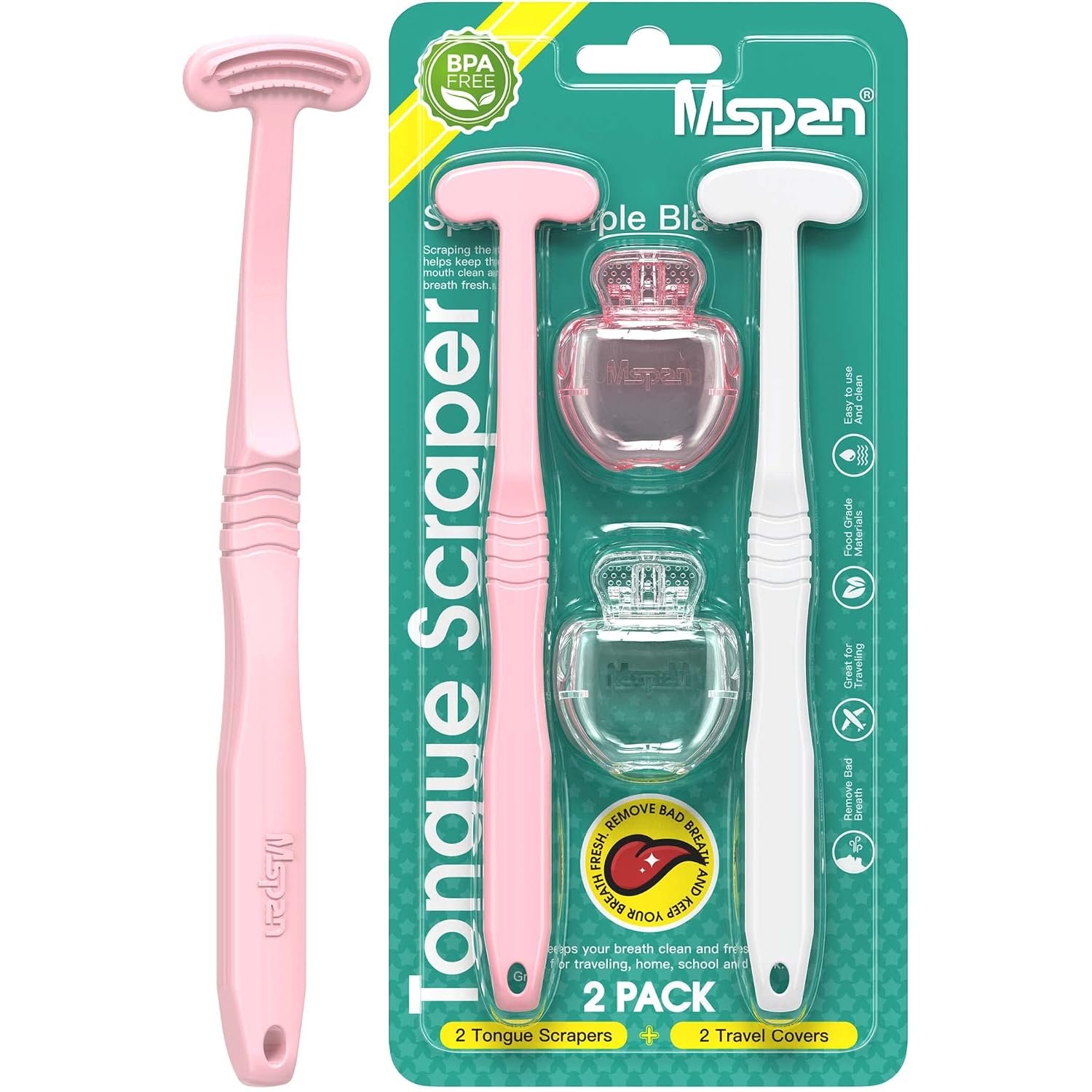 Mspan Tongue Scraper Cleaner Brush: Tongue Care Cleaning Scrubber with Plastic Travel Case Cover for Adults kids – Clean Oral Bad Breath Pink White 2 Pack