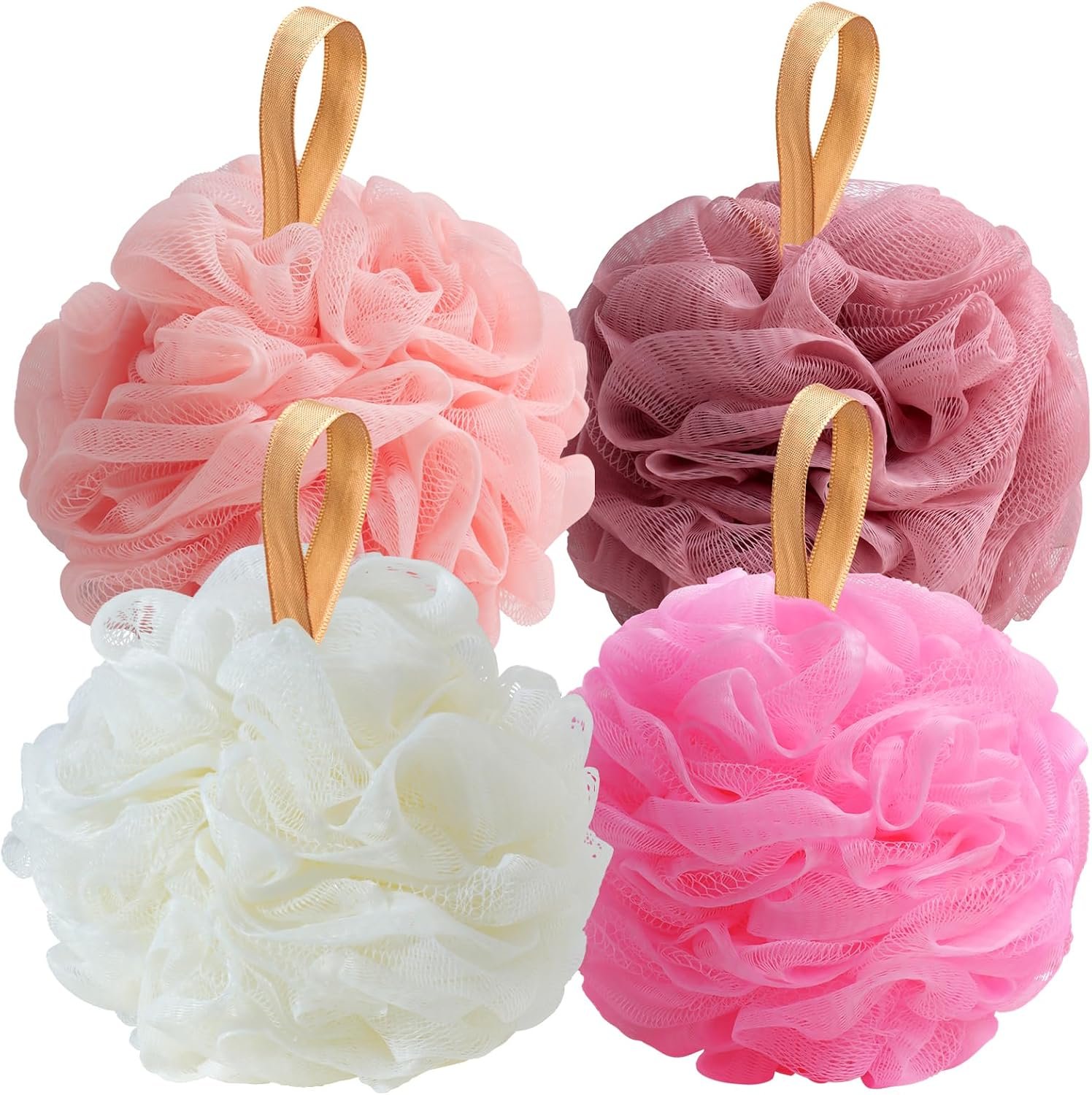 Fishent Loofah Bath Sponge Shower Loofahs, Pack of 4 Pink Soft Loofa Exfoliating Body Scrubber Mesh Shower Puff Pouf Ball Luffa for Women(50g/pcs)