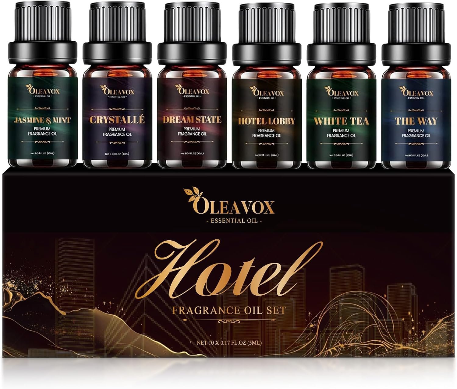 Hotel Essential Oils Gift Set,Inspired by 5 Star Hotel Scents for Diffusers | Luxury Fragrance Oil for Candle & Soap Making, Jasmine & Mint, White Tea, The Way, Dream State, Hotel Lobby, Crystallé