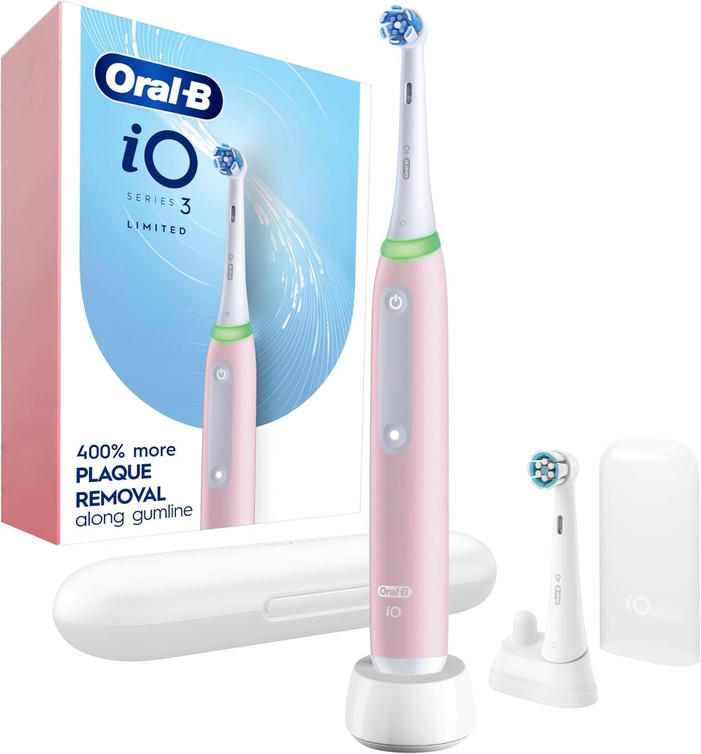 Oral-B Rechargeable Electric Toothbrush, iO3 Limited Deep Clean, 3 Cleaning Modes, Visual Pressure Sensor to Protect Gums, 2 Brush Heads, Travel Case, Azalea Pink