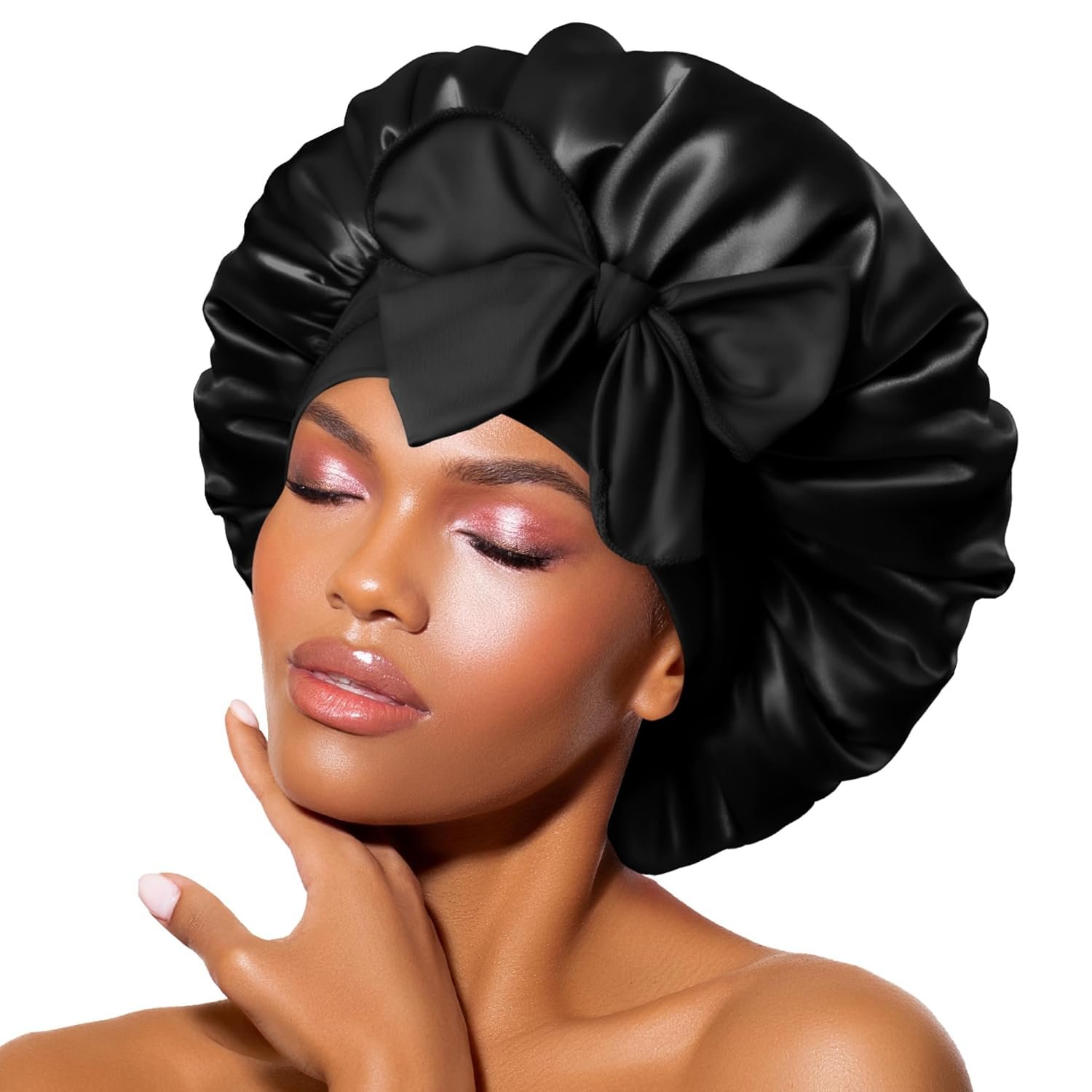 BONNET QUEEN Double Layer Silk Bonnet for Sleeping for Women Satin Lined Bonnet Night Cap for Curly Hair with Tie Band,Black