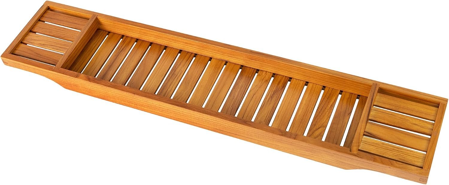 VaeFae Non-Expandable Teak Bathtub Tray, 33.8″ x 6″ x 1.8″ | Bath Tub Wood Table for Tub, Wood Bath Table for Reading, Wine, Spa Gift for Women, Wooden Bathroom tray