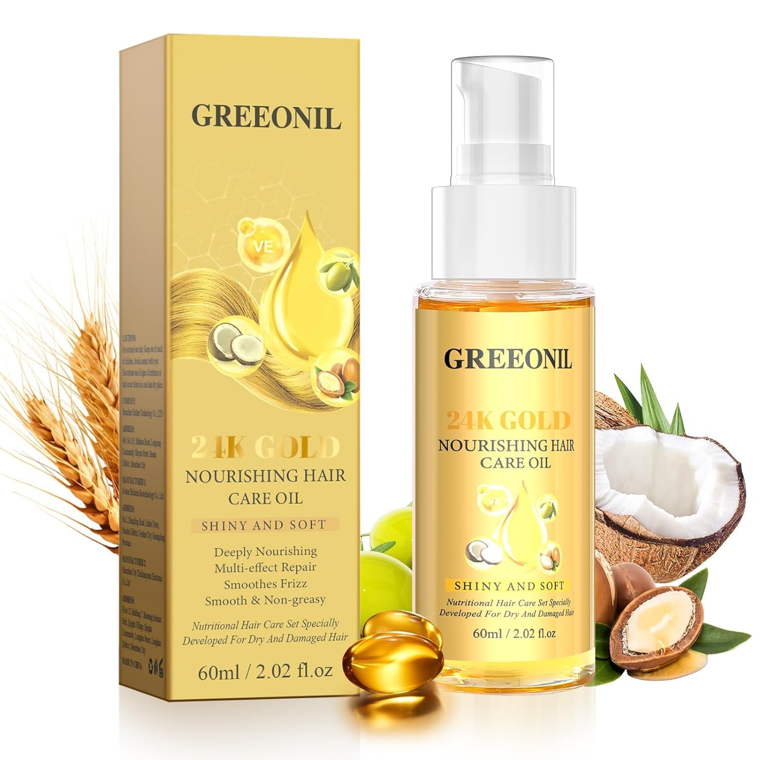 GREEONIL 24K Gold Argan, Coconut, and Olive Oil Serum for Frizz Control, Shine, and Split End Repair – Nourishing Hair Treatment with Vitamin E, 2.02 fl oz, 60ml | with Coconut & Olive Oil, Shine & Split End Repair, Vitamin E Nourishing Leave In Hair Serum for Dry Damaged Hair, 2.02 fl oz