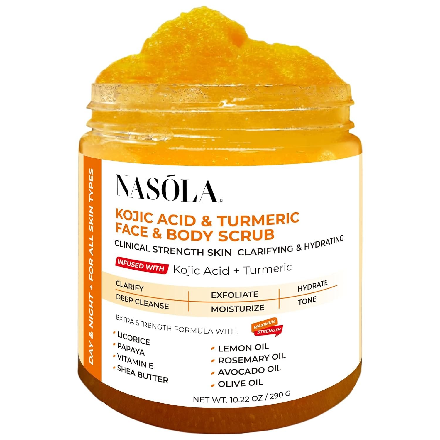 Nasola Kojic Acid Turmeric Face and Body Scrub – Moisturizing & Exfoliating Sugar Scrub with Shea Butter & Oils For All Skin Types – Removes Dead Skin for Hydrated Feel, Great Gifts For Women & Men
