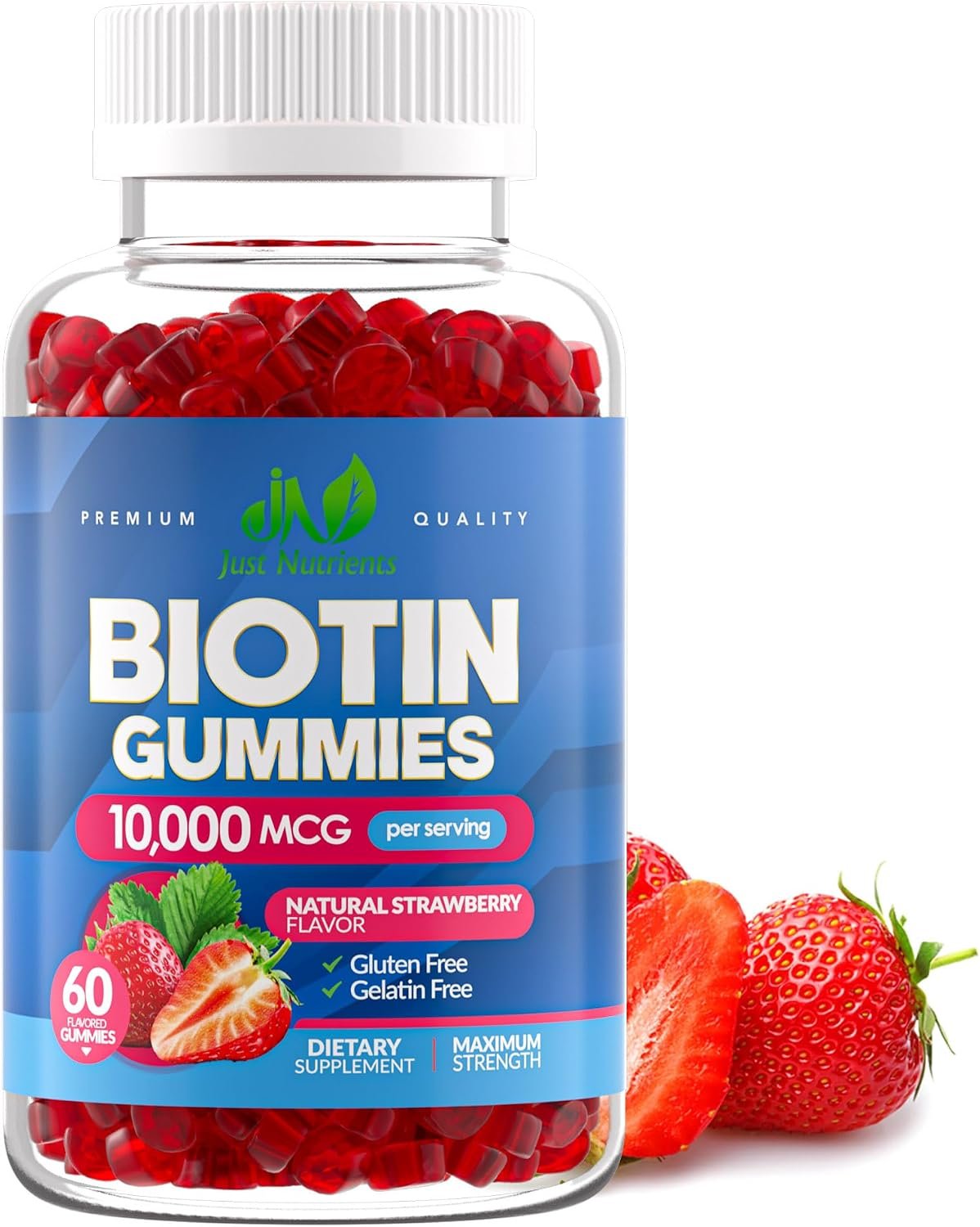 Biotin 10,000mcg Gummies for Hair Growth, Skin & Nails – 2x Maximum Strength Biotin Vitamins for Women & Men – Gluten-Free, Vegan, Non-GMO, Great Tasting Strawberry Flavor – 60 Gummies (1 Month)