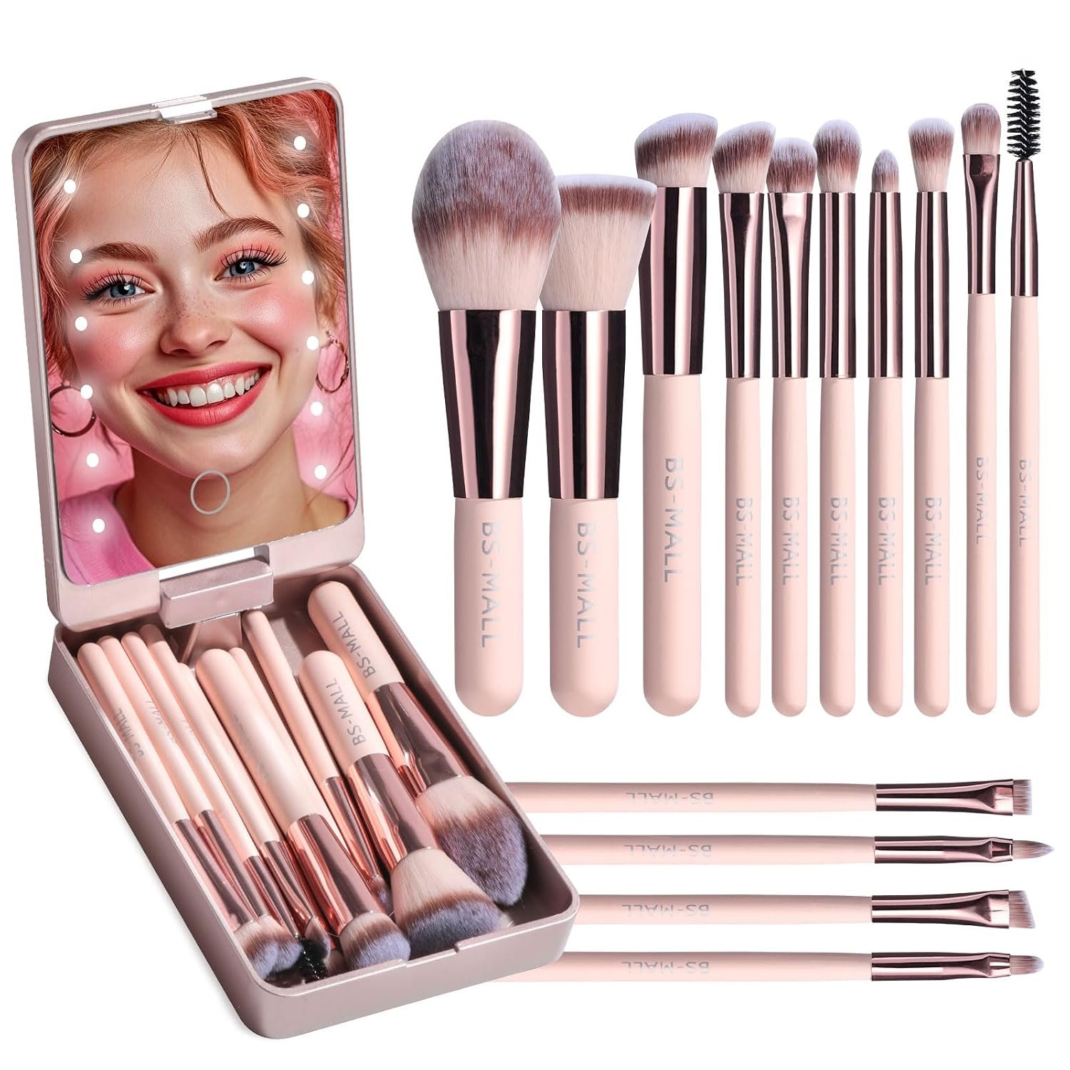 BS-MALL Makeup Brushes Foundation Powder Concealers Eye Shadows Makeup Set with LED light Mirror 14 Pcs Mini Makeup Brushes (APINK) | Travel Brush Set