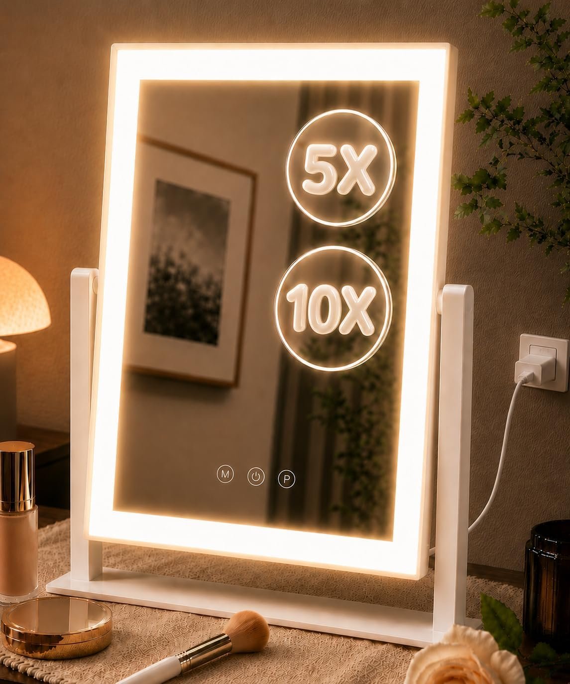 Decadence 17.3 x 13 in Lighted Makeup Mirror, 10X/5X Magnifiers | Plug-in tabletop vanity mirror with 3 color lighting, dimmable touch control, 360° rotation, and removable 10X/5X magnifiers.