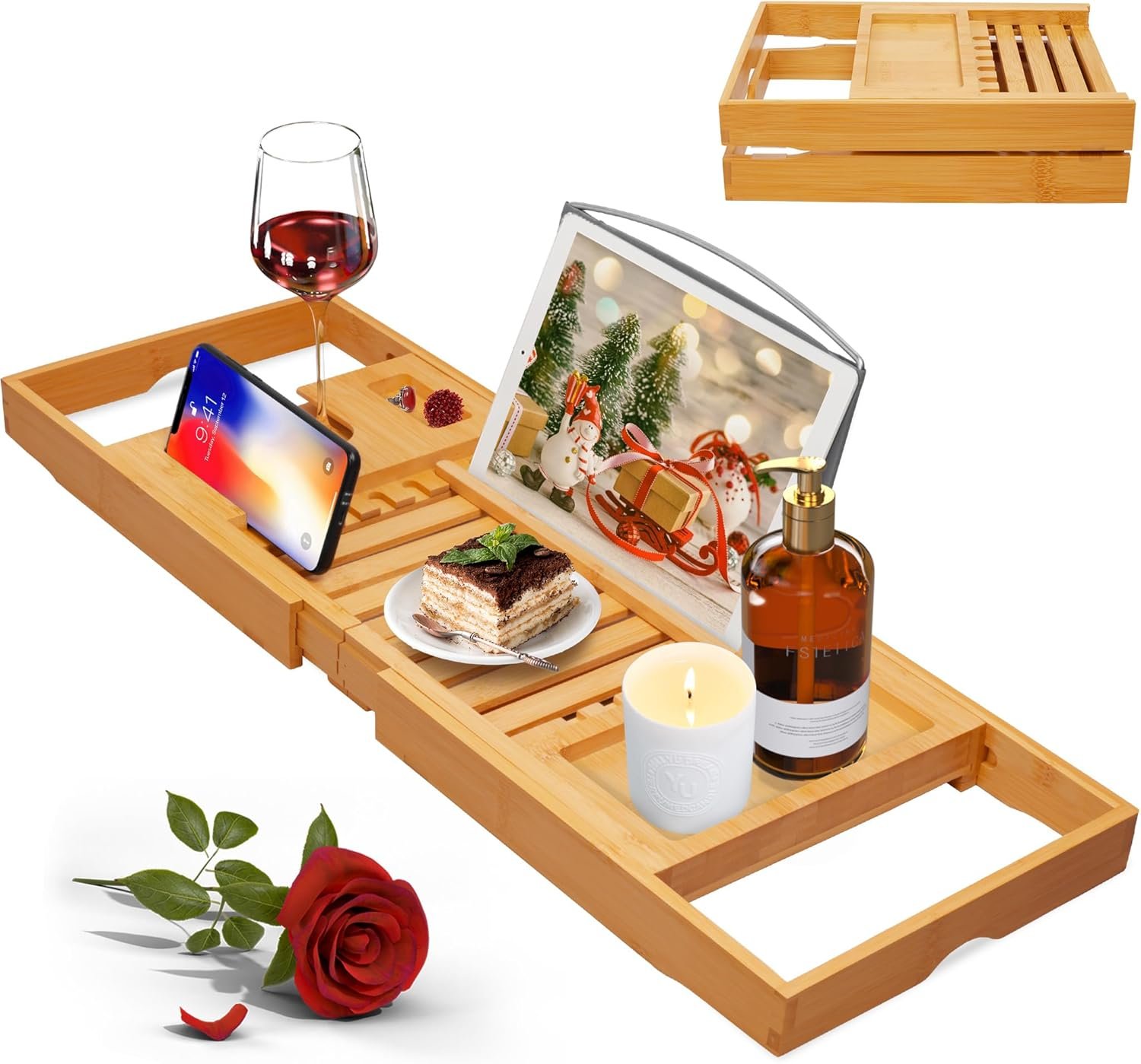 Bathtub Tray Caddy, Expandable Bamboo Bath Tray for Tub | Foldable Bath Table Trays with Non-Slip Pads, Bathroom Spa Accessories, Ideal Gift for New Home & Mom’s Birthday