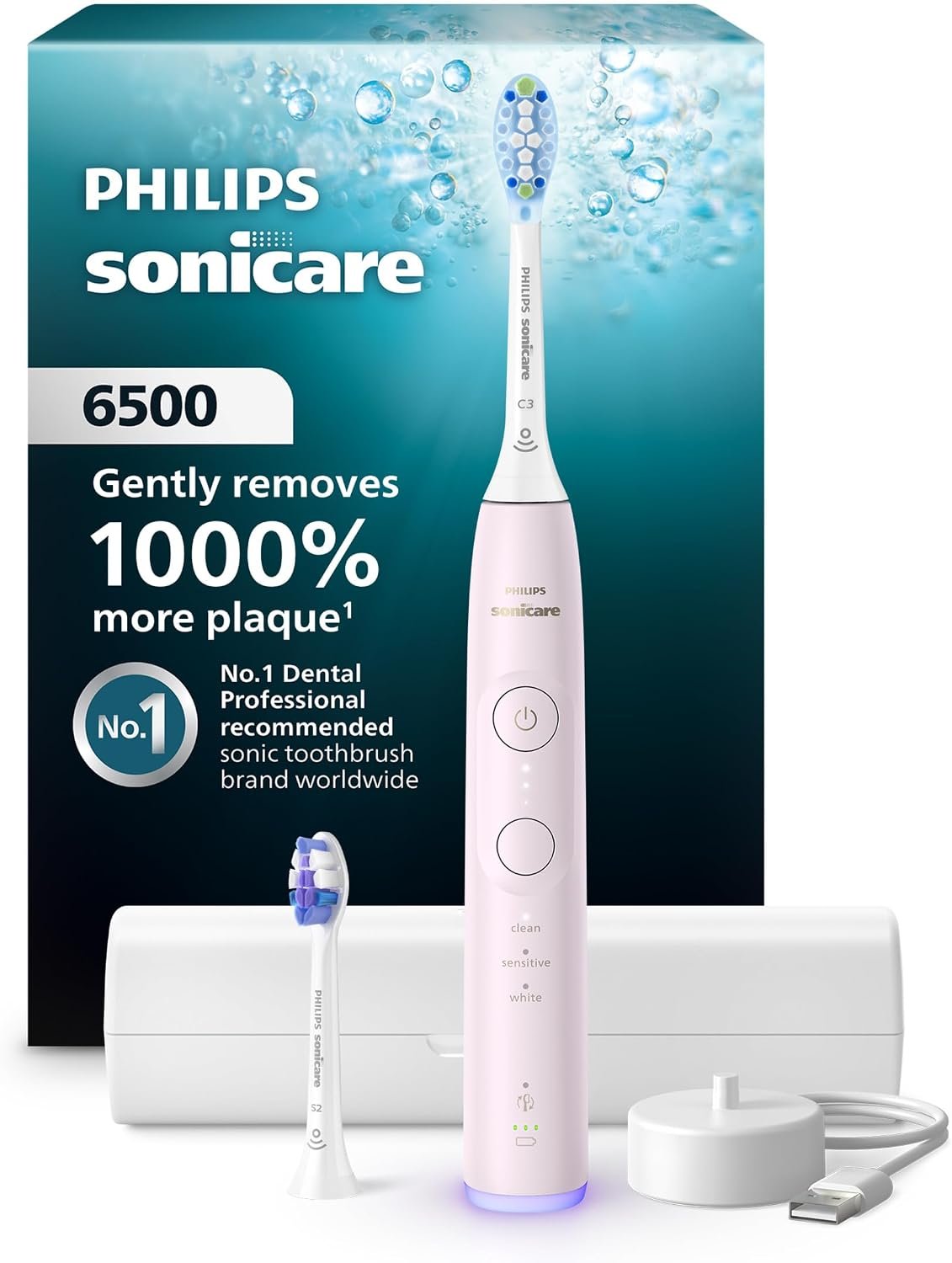 Philips Sonicare 6500 Rechargeable Electric Toothbrush, 2 Brush Heads, Pink | 1000% More Plaque Removal¹, Visual Pressure Sensor, 9 Brush Settings, App Connected, 21-Day Battery, Travel Case, HX7412/05
