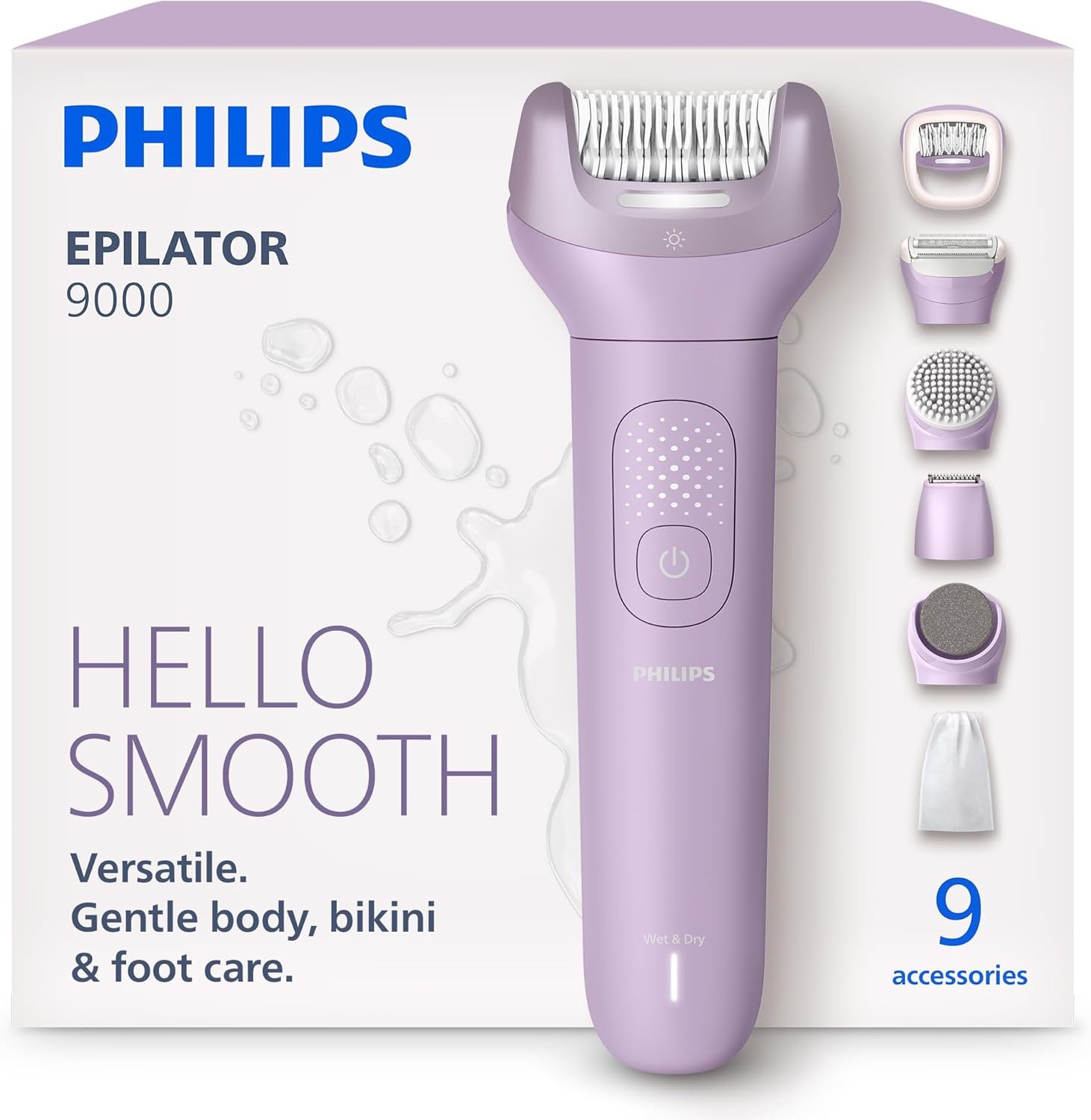 Philips Epilator Series 9000 – Cordless Wet and Dry Electric Epilator, Hair Removal for Legs, Body and Bikini, with ProGuide, 9 Accessories Including Pedicure Head, 60 min. Runtime, Model BRE728/00
