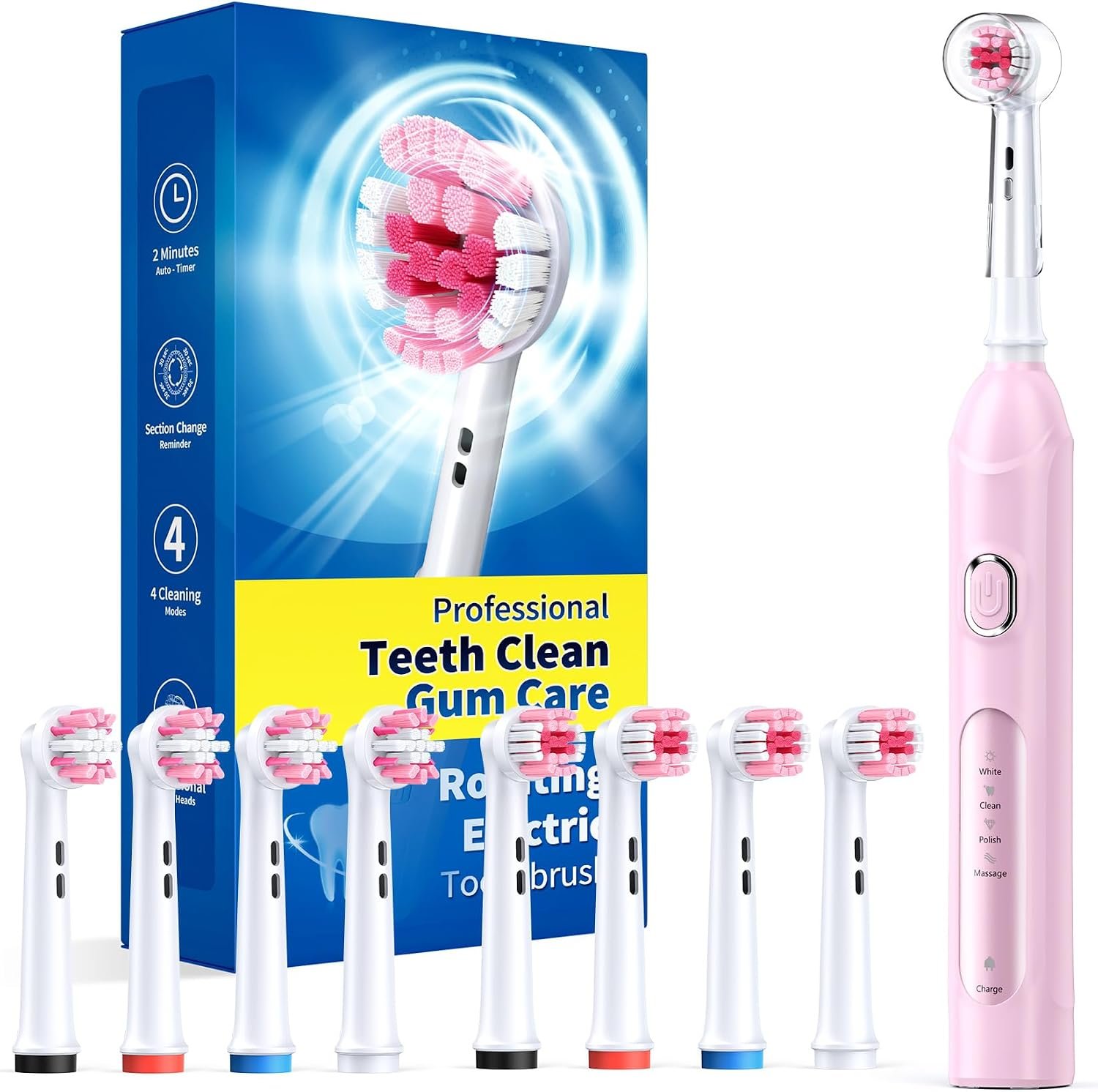 Rotating Electric Toothbrush for Adults, 8 Heads 2 Types, 4 Modes, Pink | Rotating Electric Toothbrush for Adults, 8 Brush Heads (2 Types), 4 Modes Deep Clean Rechargeable, 2 Min Smart Timer Pink