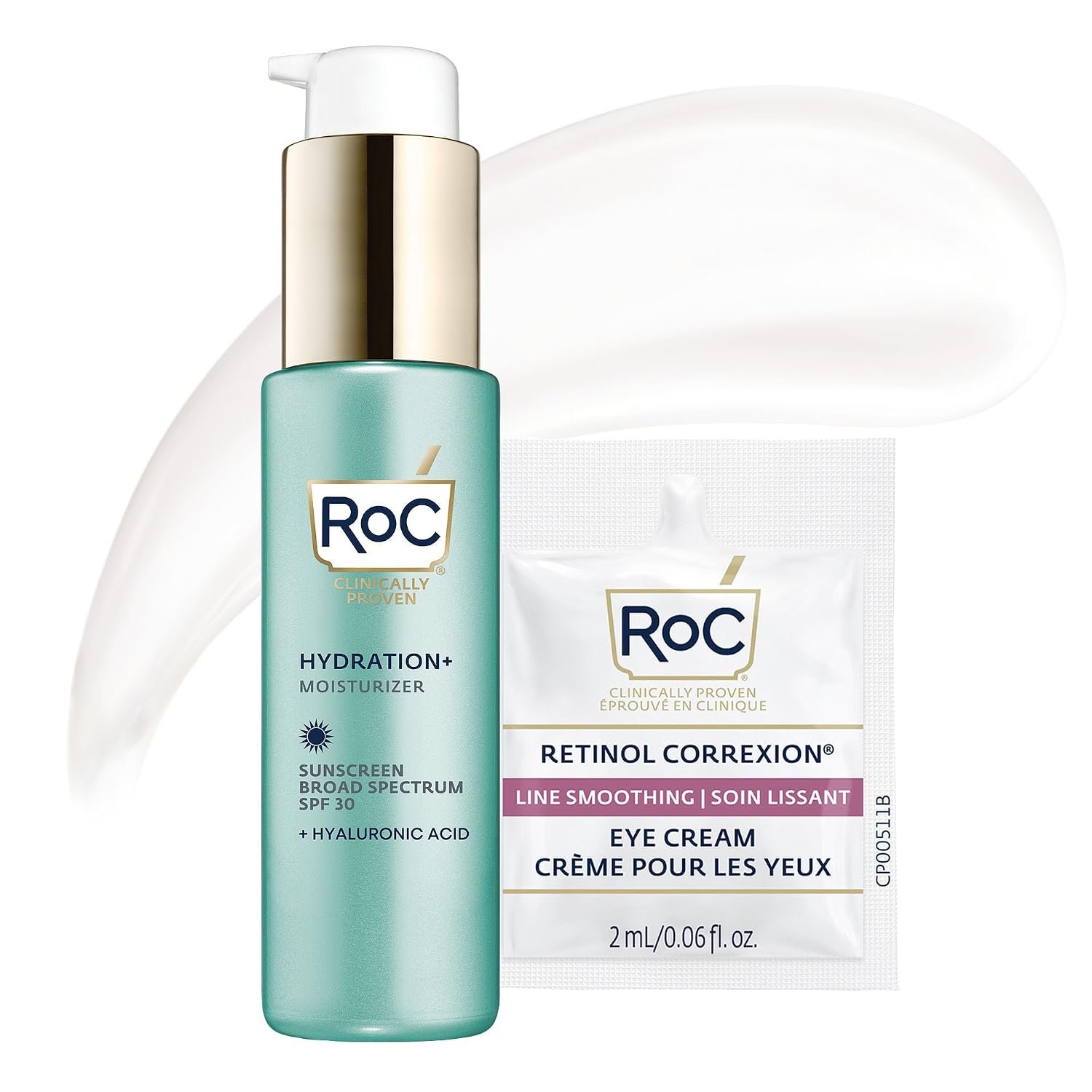 RoC Multi Correxion 1.5% Pure Hyaluronic Acid Anti Aging Daily Face Moisturizer with Sunscreen, SPF 30 Broad Spectrum Moisturizer for Men & Women + Retinol Eye Cream Packette