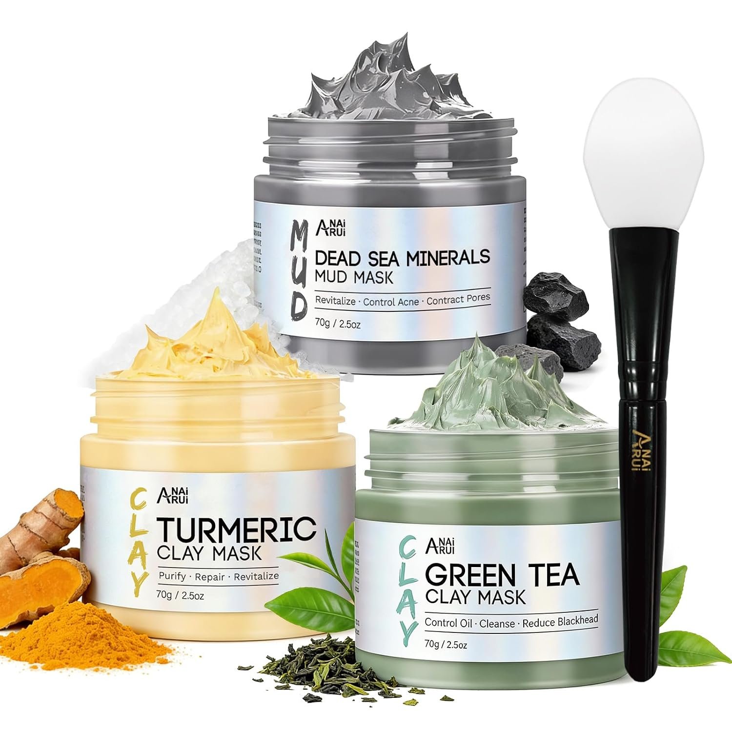 ANAI RUI 3-Pcs Face Mask Set -Turmeric, Green Tea, Dead Sea 2.5 oz Each | Turmeric for Glow, Green Tea for Balance, Dead Sea Mud for Pores, Weekly Spa Self-Care for Oily Skin,Women Teens