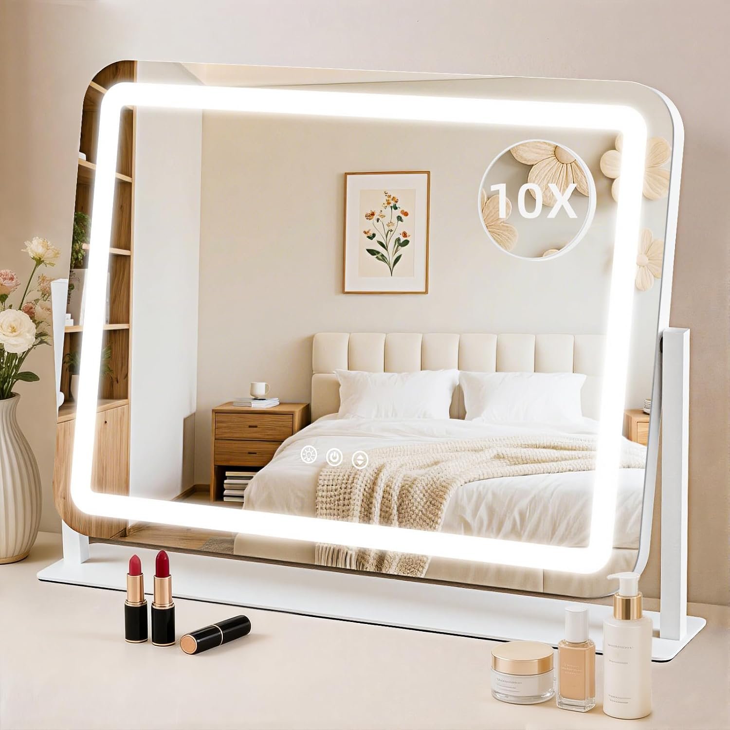 Vanity Mirror with Lights 22″x17″, Lighted Makeup Mirror with 10X Magnification 4.5″, 3 Color Dimmble Lights, Touch Control, 360° Rotation, Metal Frame, Women’s Gift, For Bedroom/Dressing Room, White
