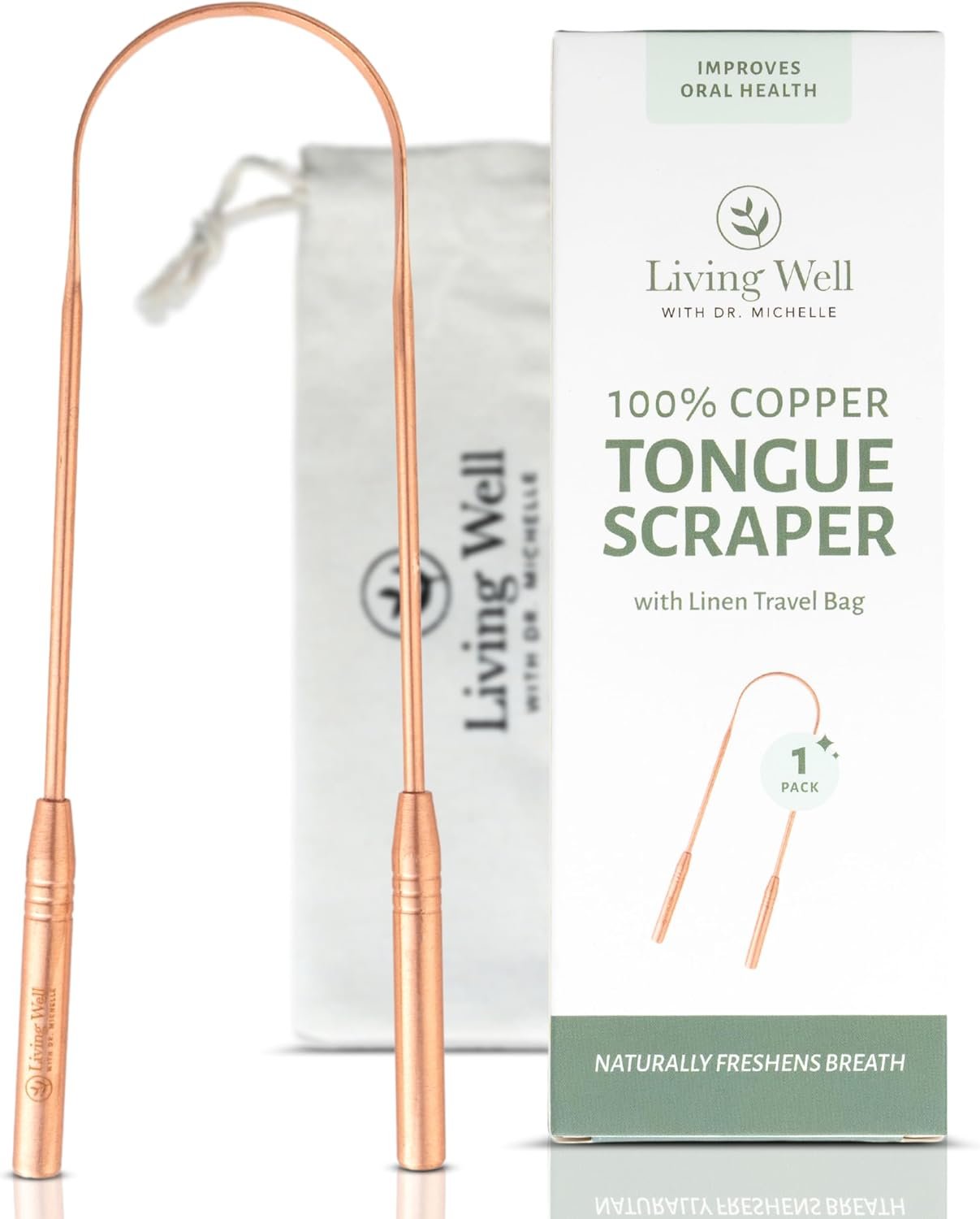 Living Well with Dr. Michelle Copper Tongue Scraper for Adults & Kids | Premium Metal, Eliminate Bad Breath, Enhance Oral Hygiene, Includes Travel Bag